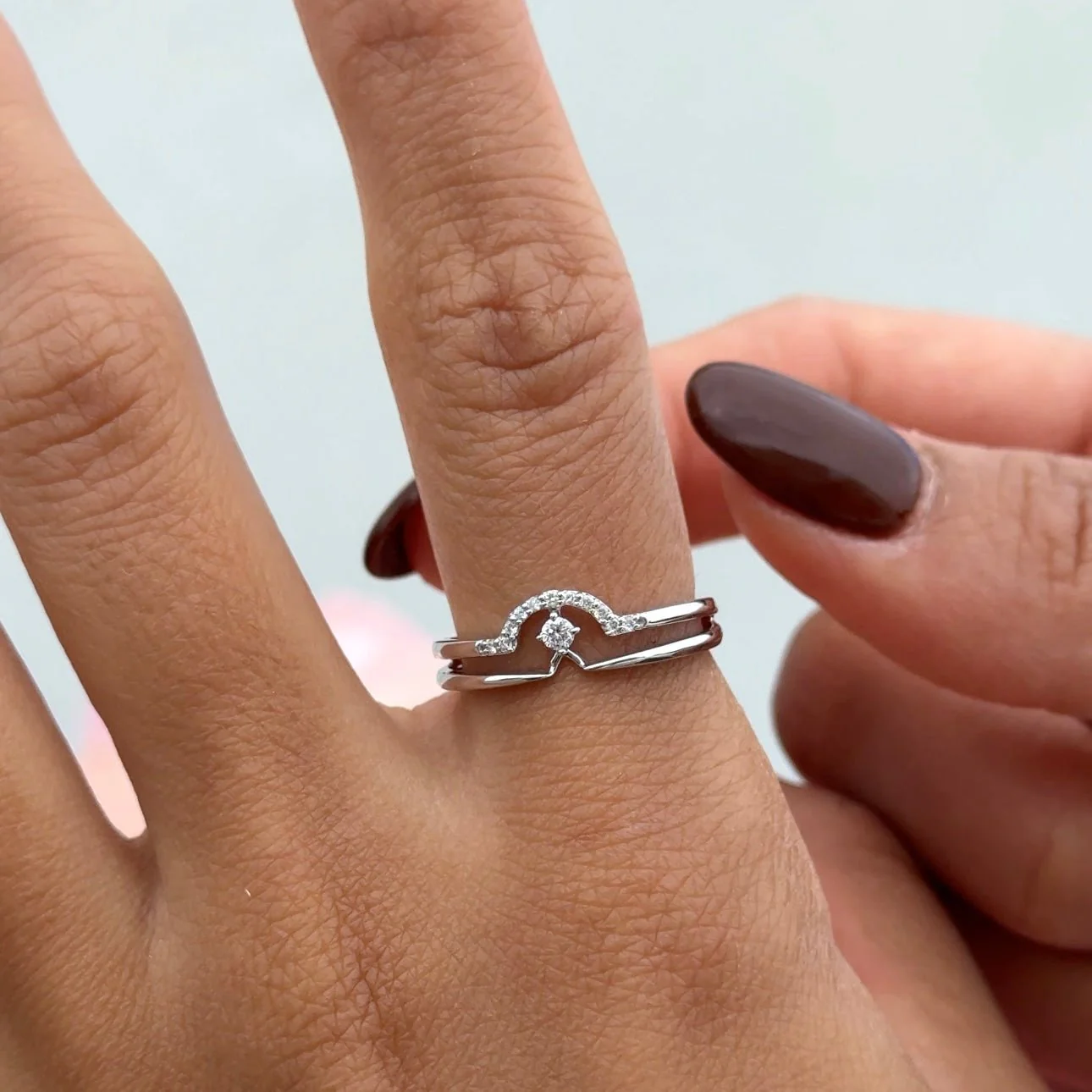 Diamond Curve Double Layer Band in Solid 14k White Gold - Image 9