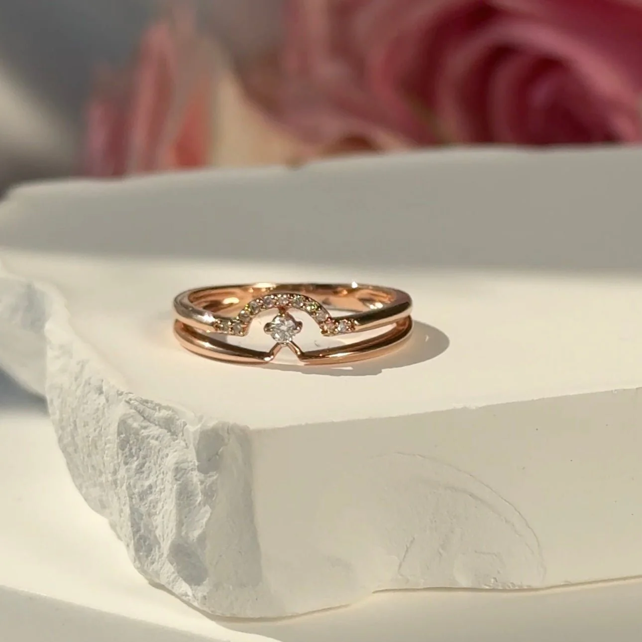 Diamond Curve Double Layer Band in Solid 14k Rose Gold - Image 3