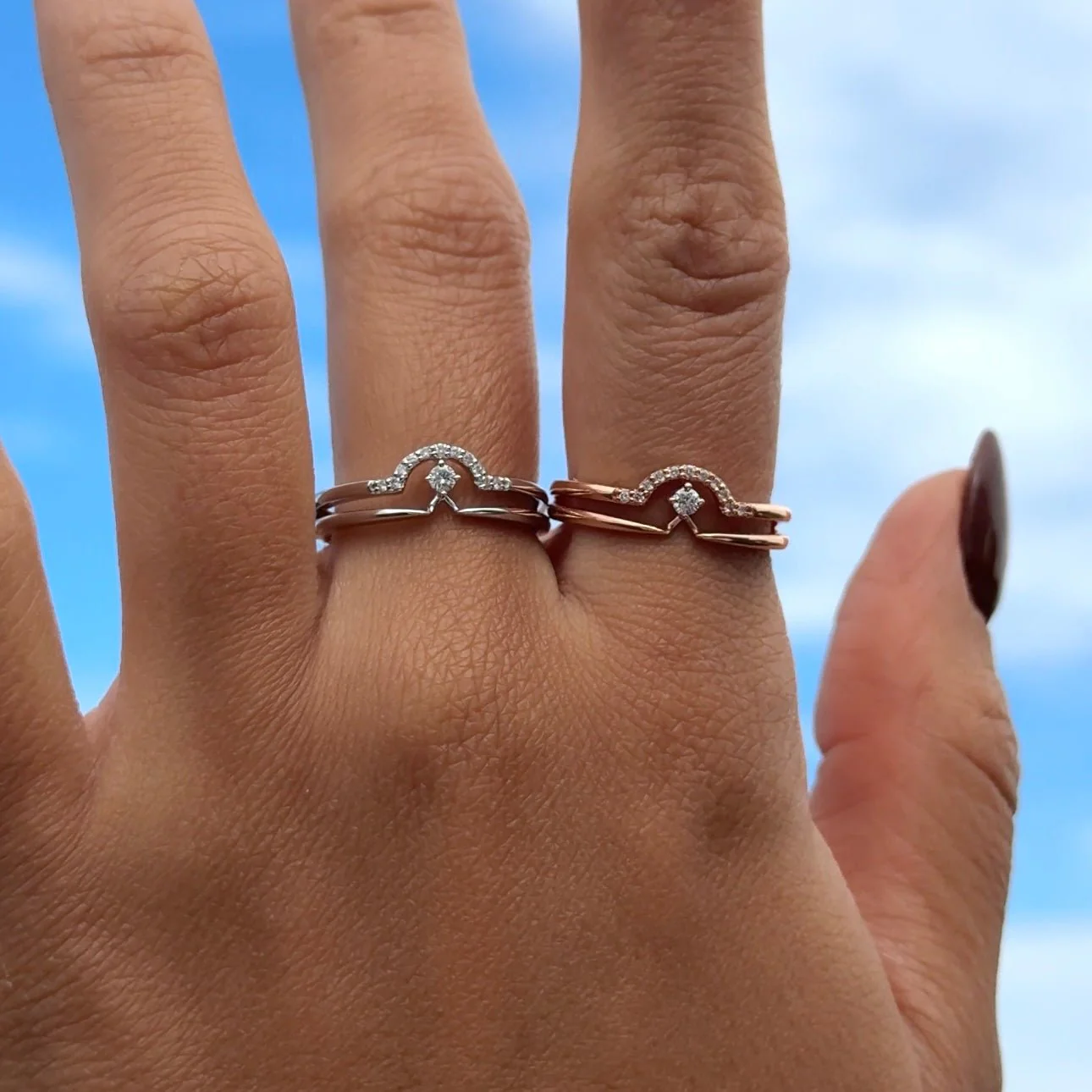 Diamond Curve Double Layer Band in Solid 14k Rose Gold - Image 4