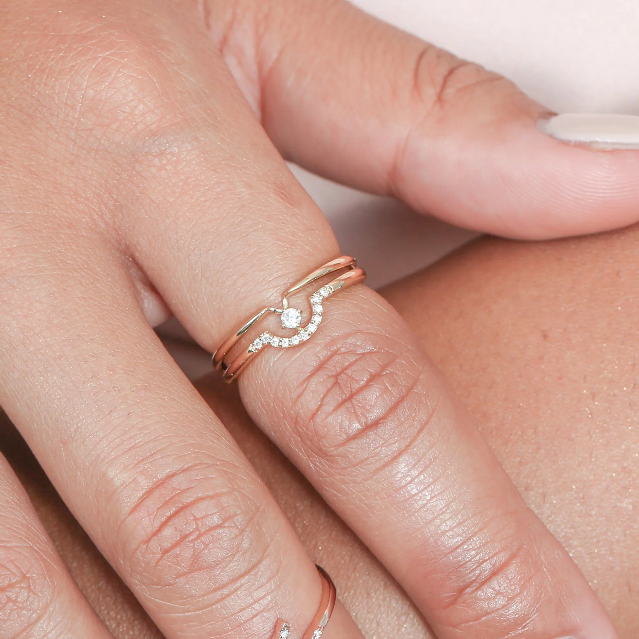 Diamond Curve Double Layer Band in Solid 14k Yellow Gold - Image 2