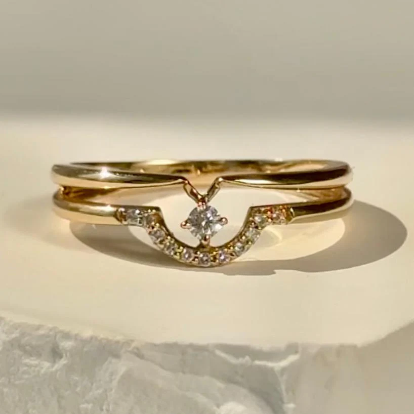 Diamond Curve Double Layer Band in Solid 14k Yellow Gold - Image 3