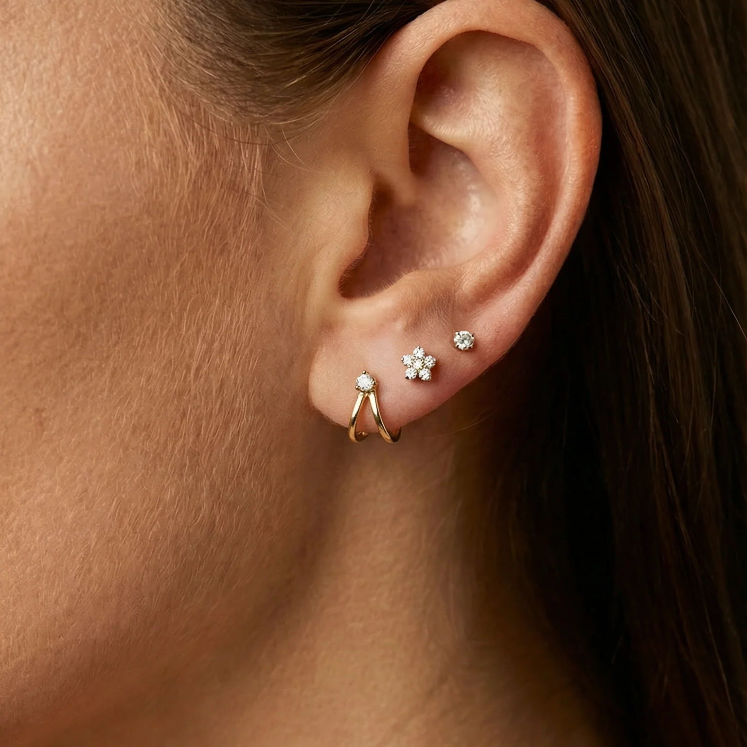 Yellow Gold Diamond Double Suspender Flatback Earring - Image 2