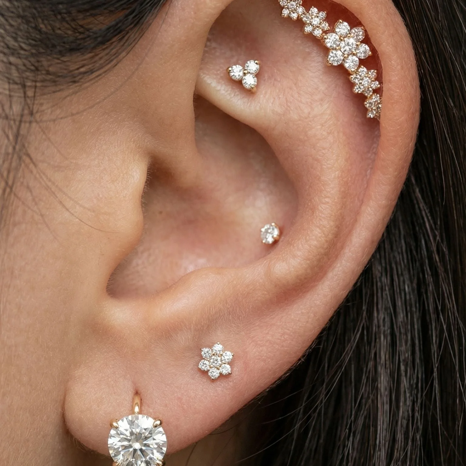 Yellow Gold Diamond Trinity Cluster Flat Back Earring - Image 3
