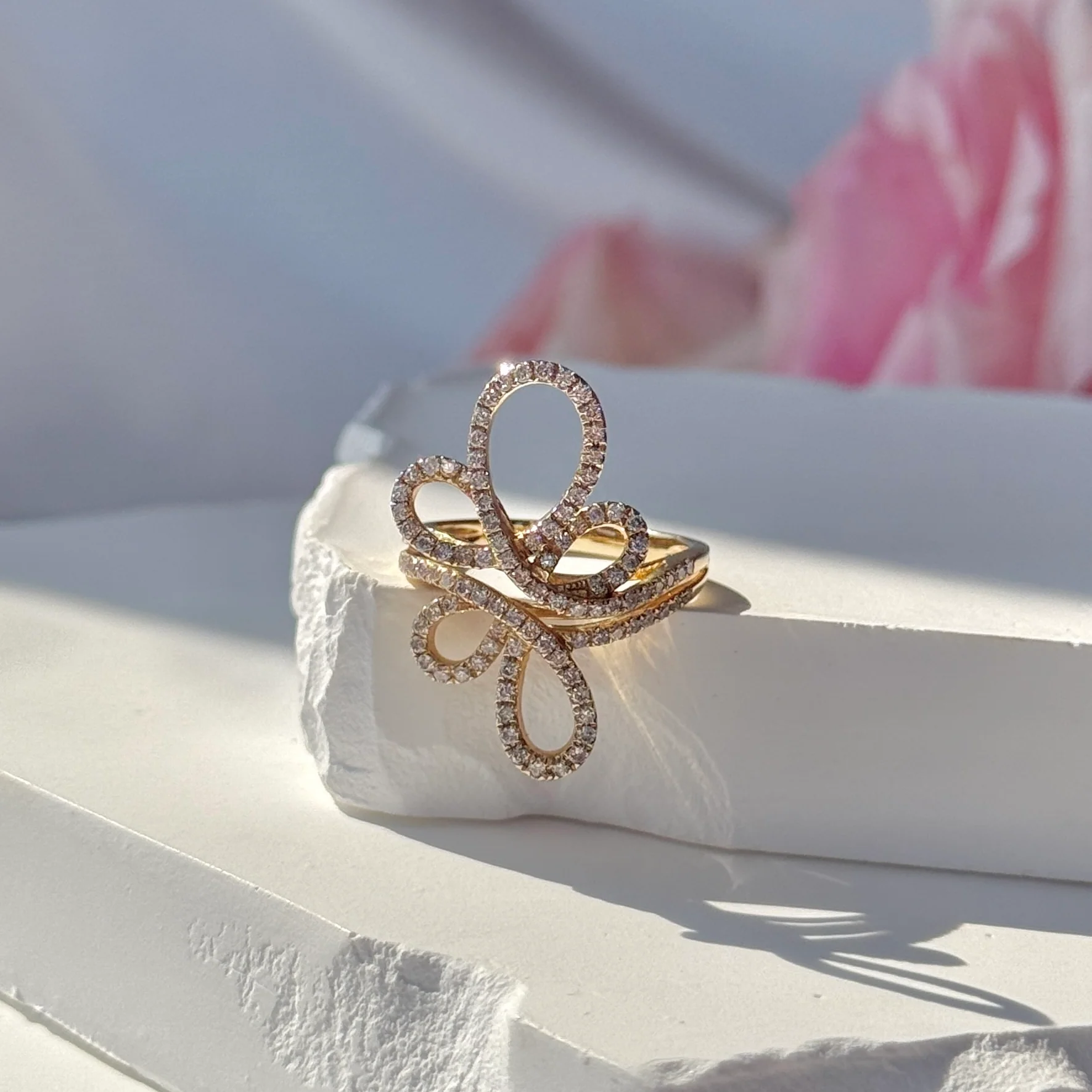 Abstract Diamond Flower Cocktail Ring in Solid 14k Yellow Gold - Image 6