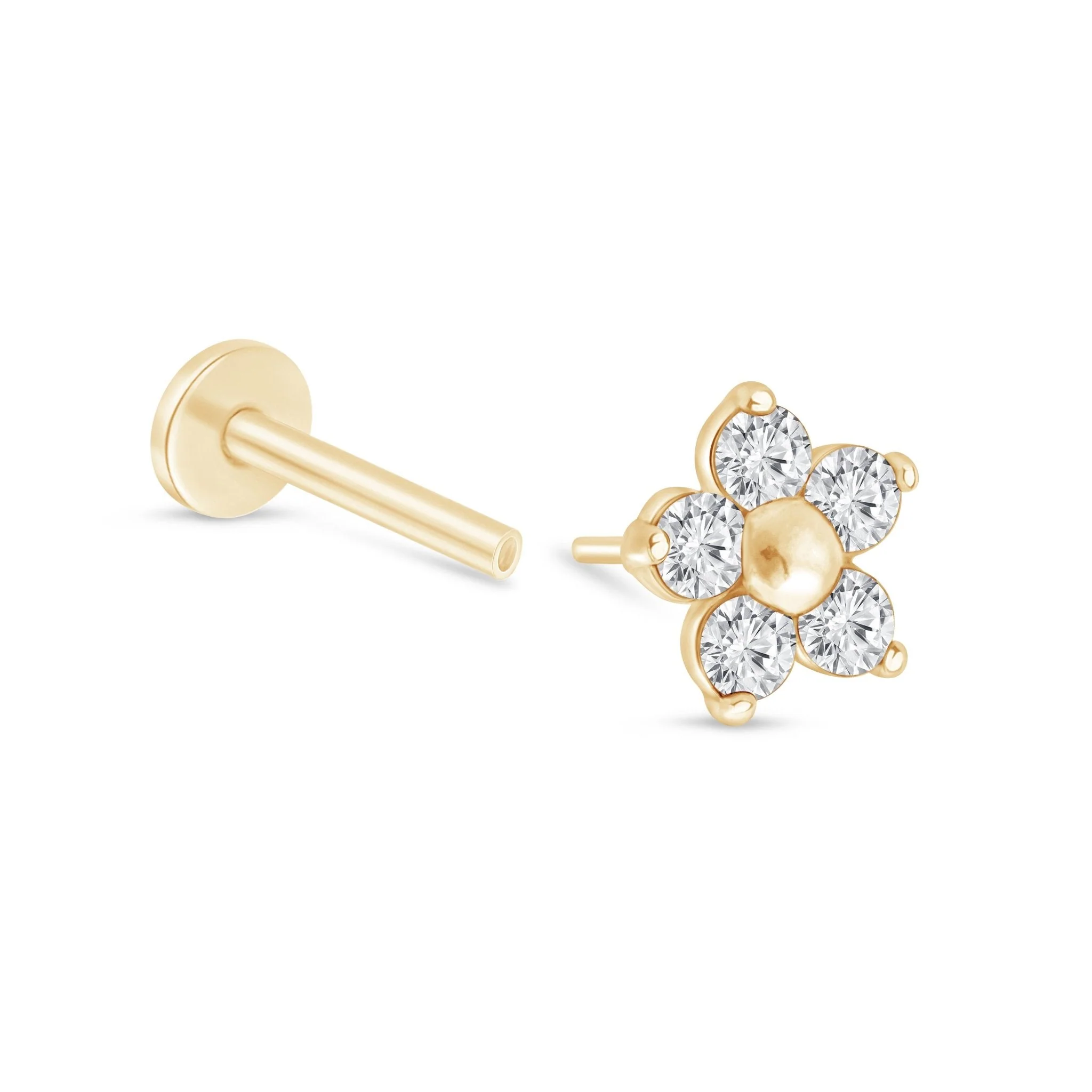 Yellow Gold Diamond Flower Flat Back Stud Earring - Image 15