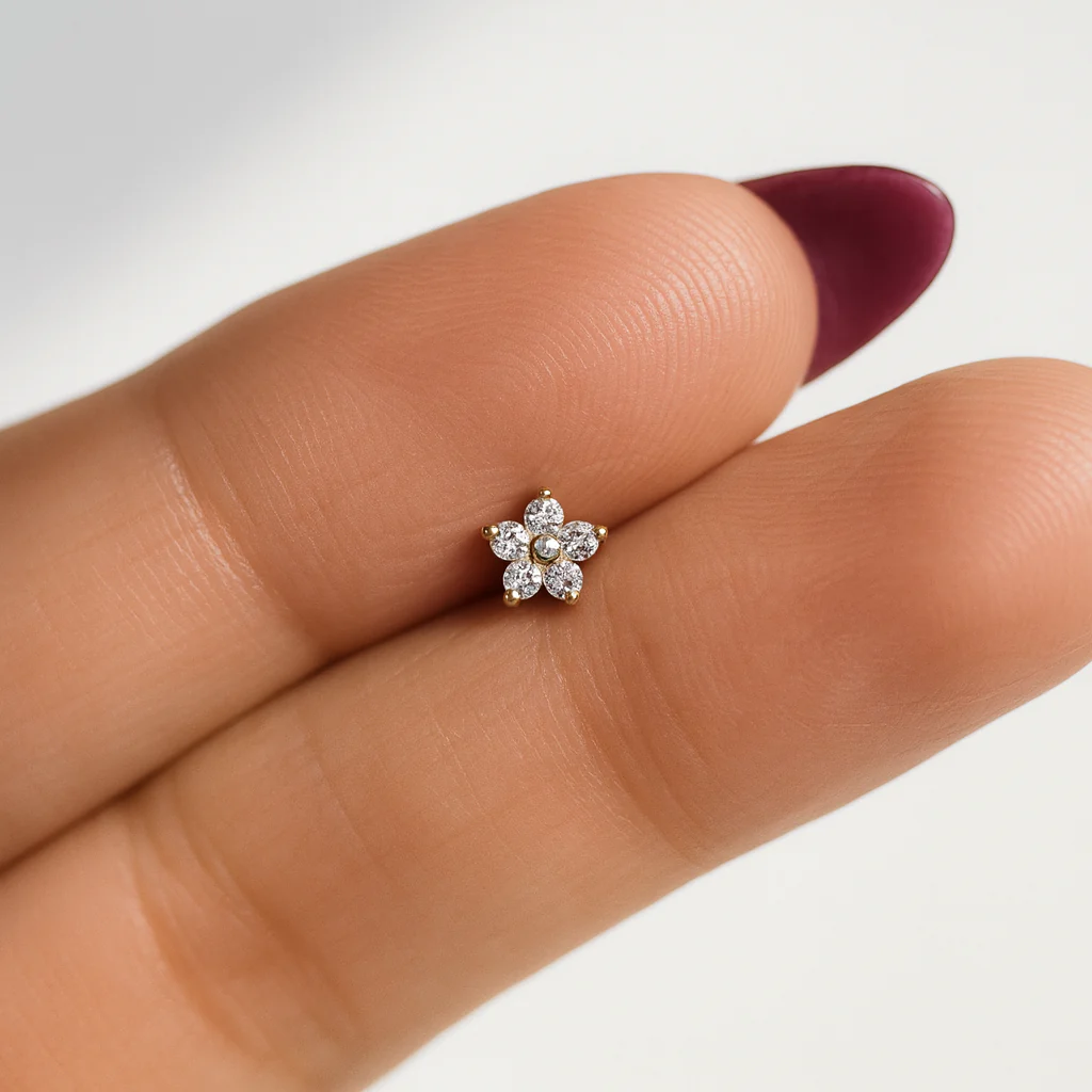 Yellow Gold Diamond Flower Flat Back Stud Earring - Image 3