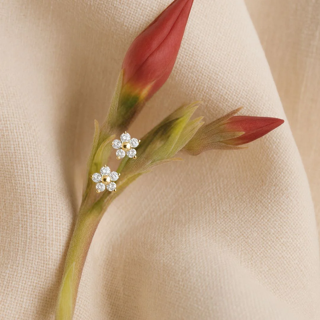Yellow Gold Diamond Flower Flat Back Stud Earring - Image 7