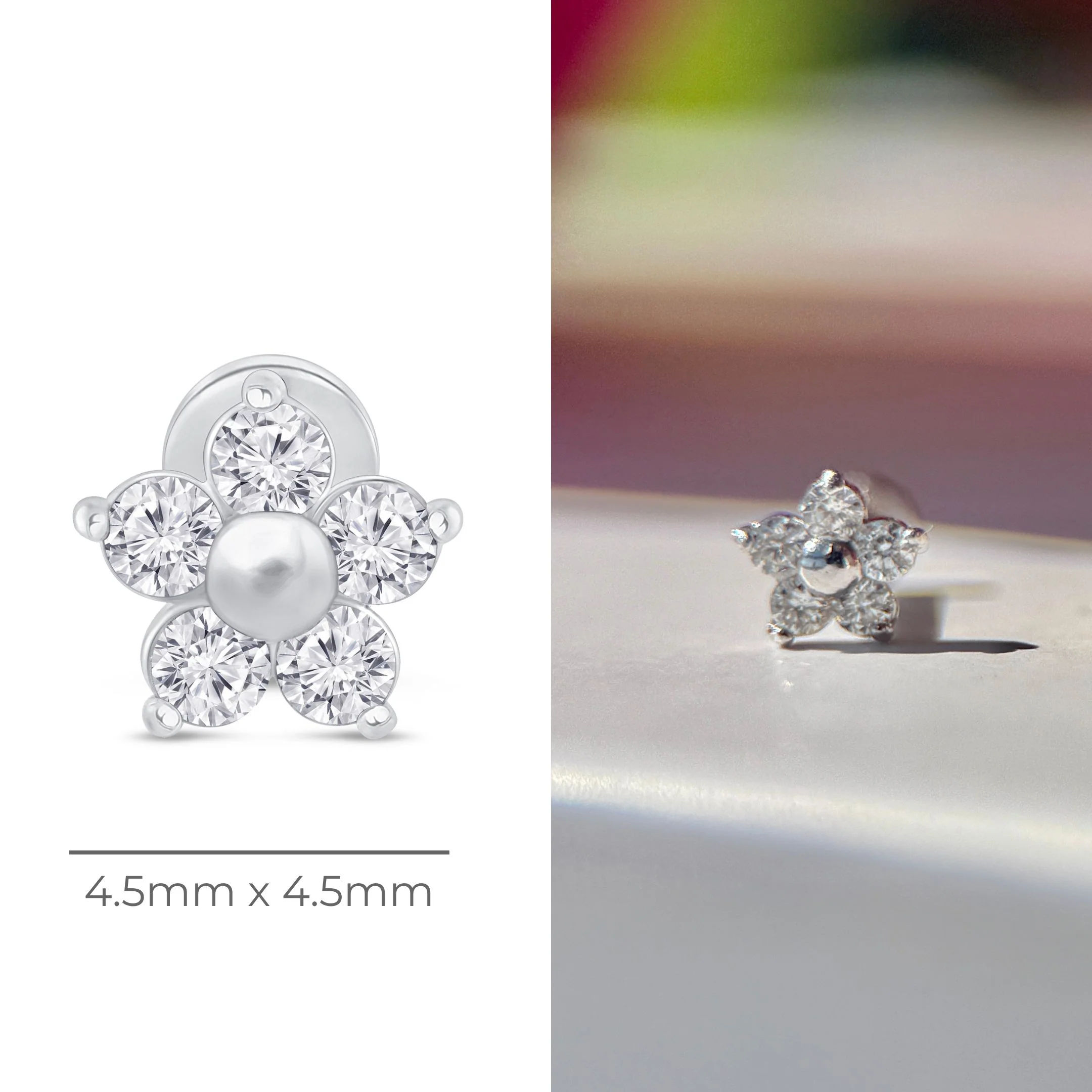 White Gold Diamond Flower Flat Back Stud Earring - Image 10