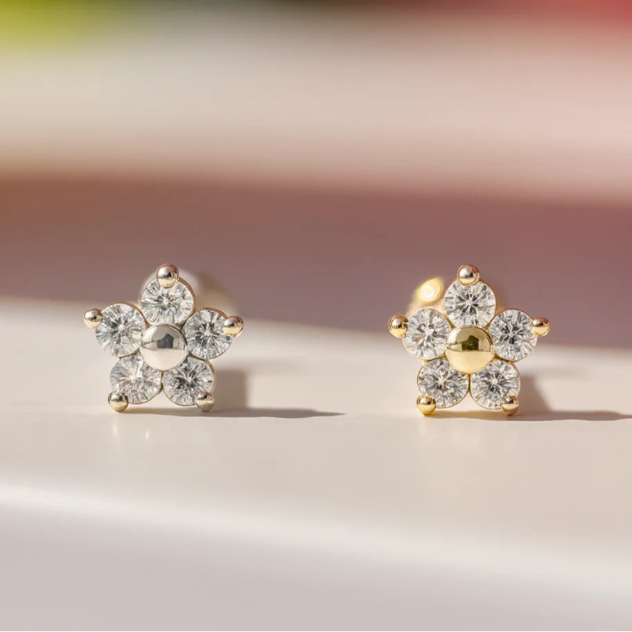 White Gold Diamond Flower Flat Back Stud Earring - Image 3