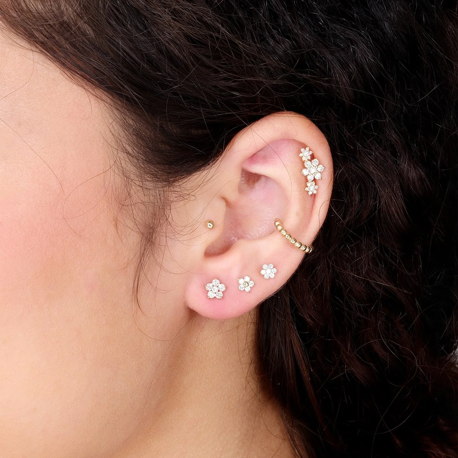 White Gold Diamond Flower Flat Back Stud Earring - Image 4