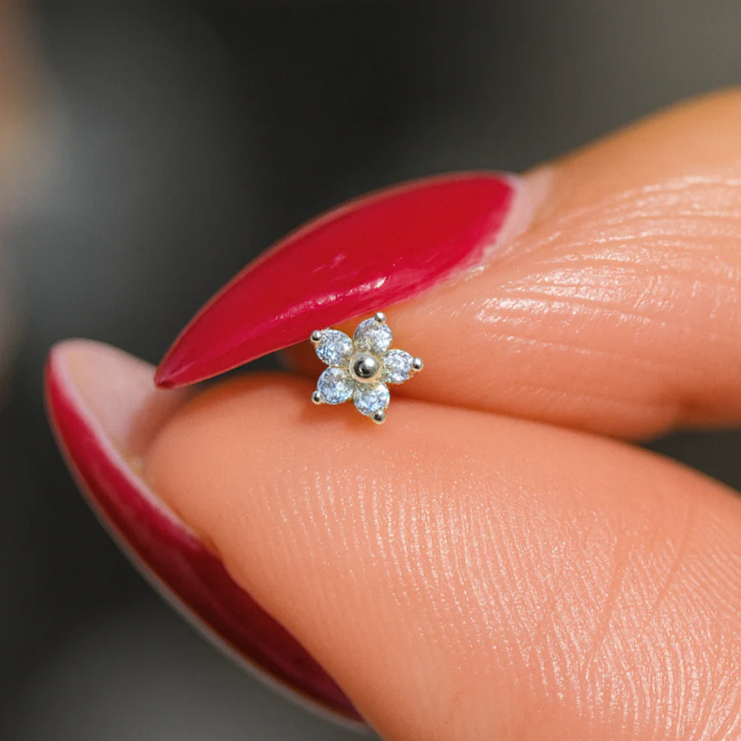 White Gold Diamond Flower Flat Back Stud Earring - Image 6