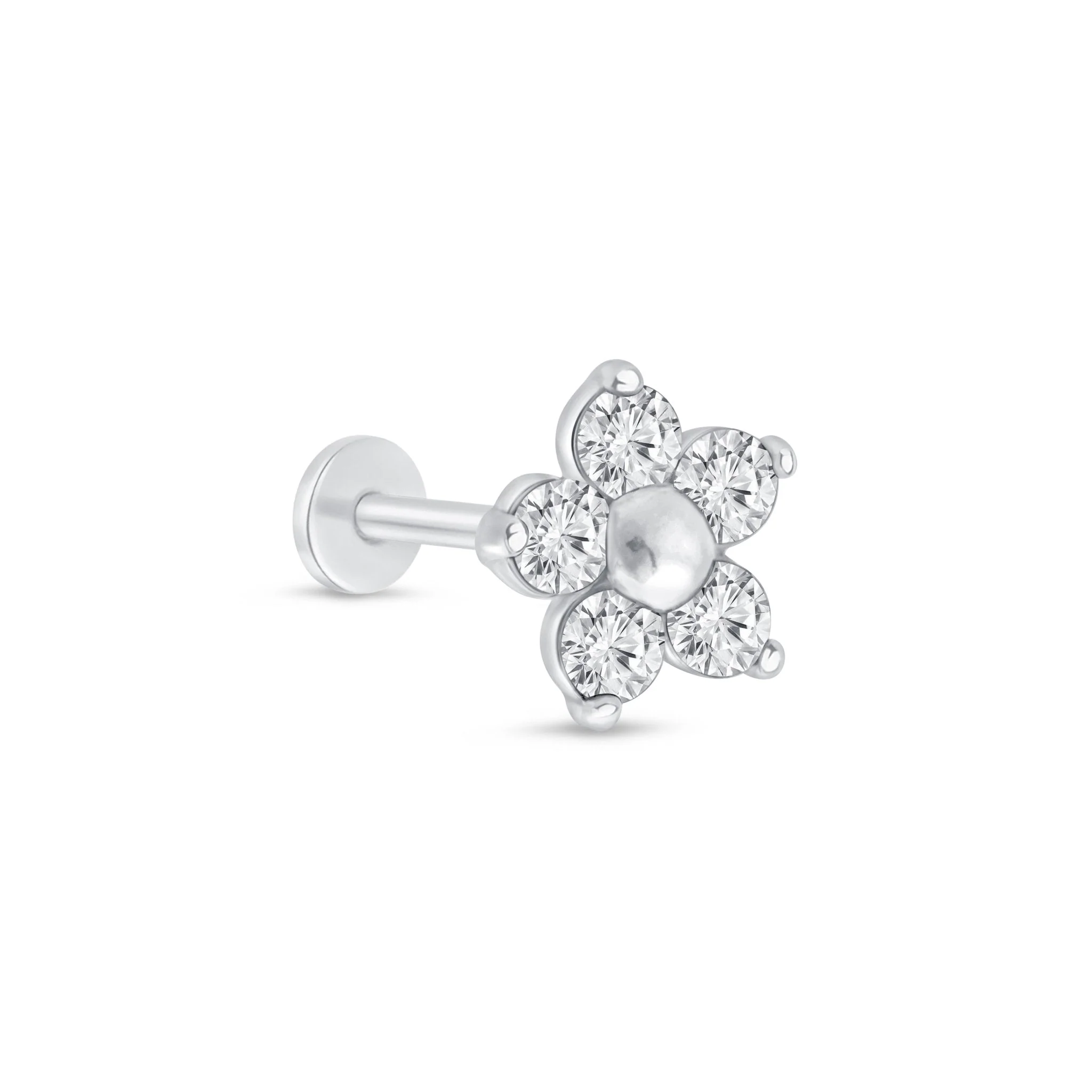 White Gold Diamond Flower Flat Back Stud Earring - Image 8
