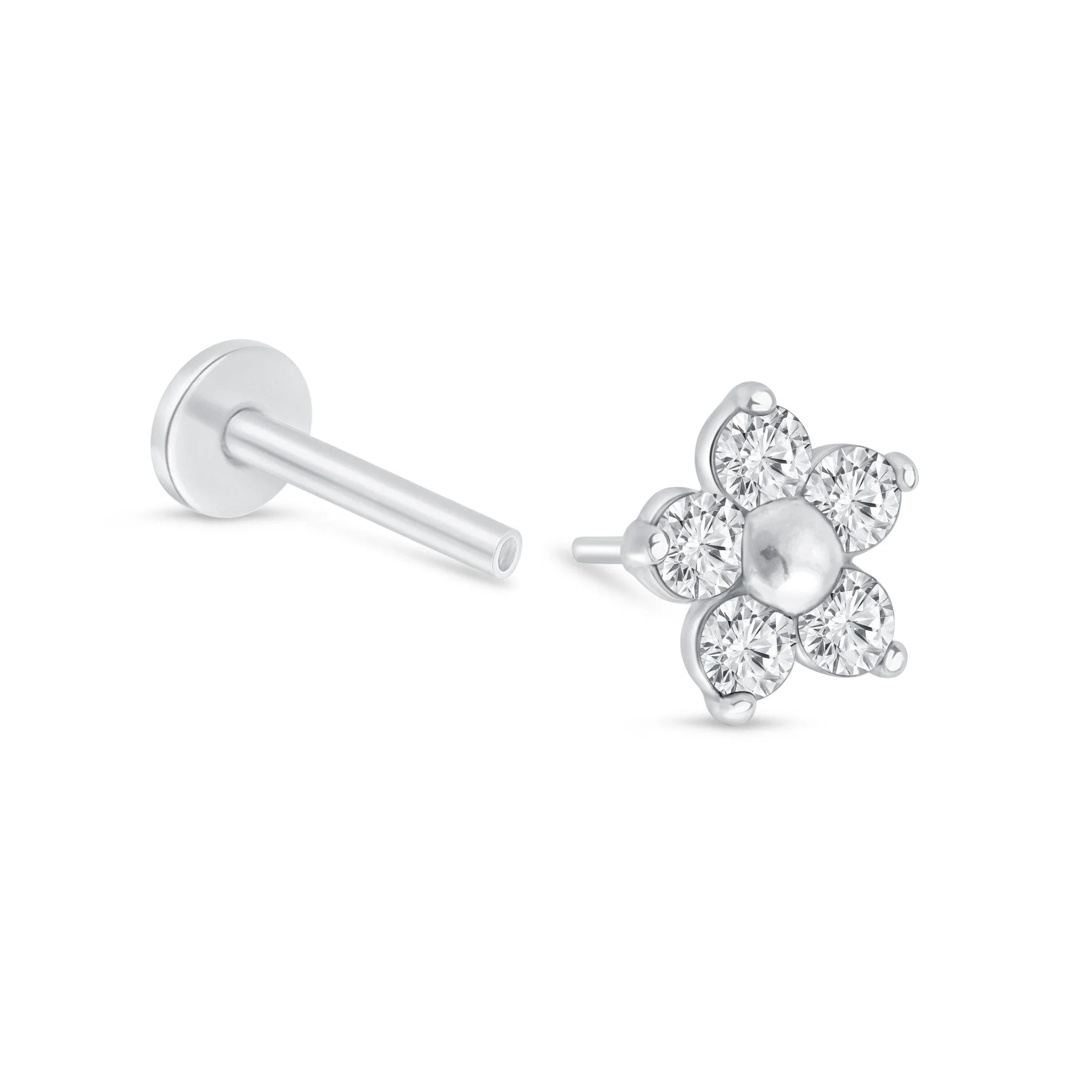 White Gold Diamond Flower Flat Back Stud Earring - Image 9