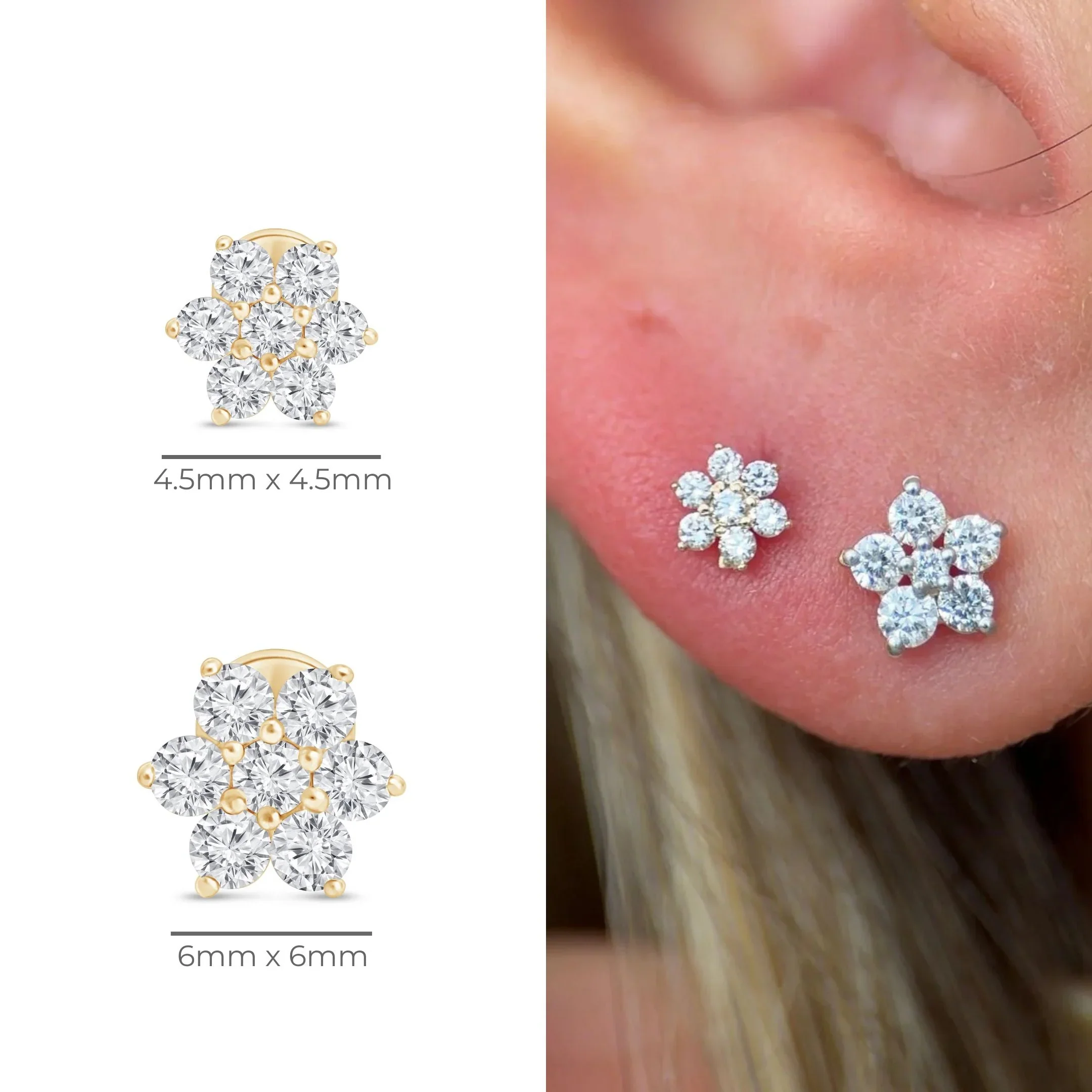 Yellow Gold Seven Diamond Flower Flat Back Earring - Image 15