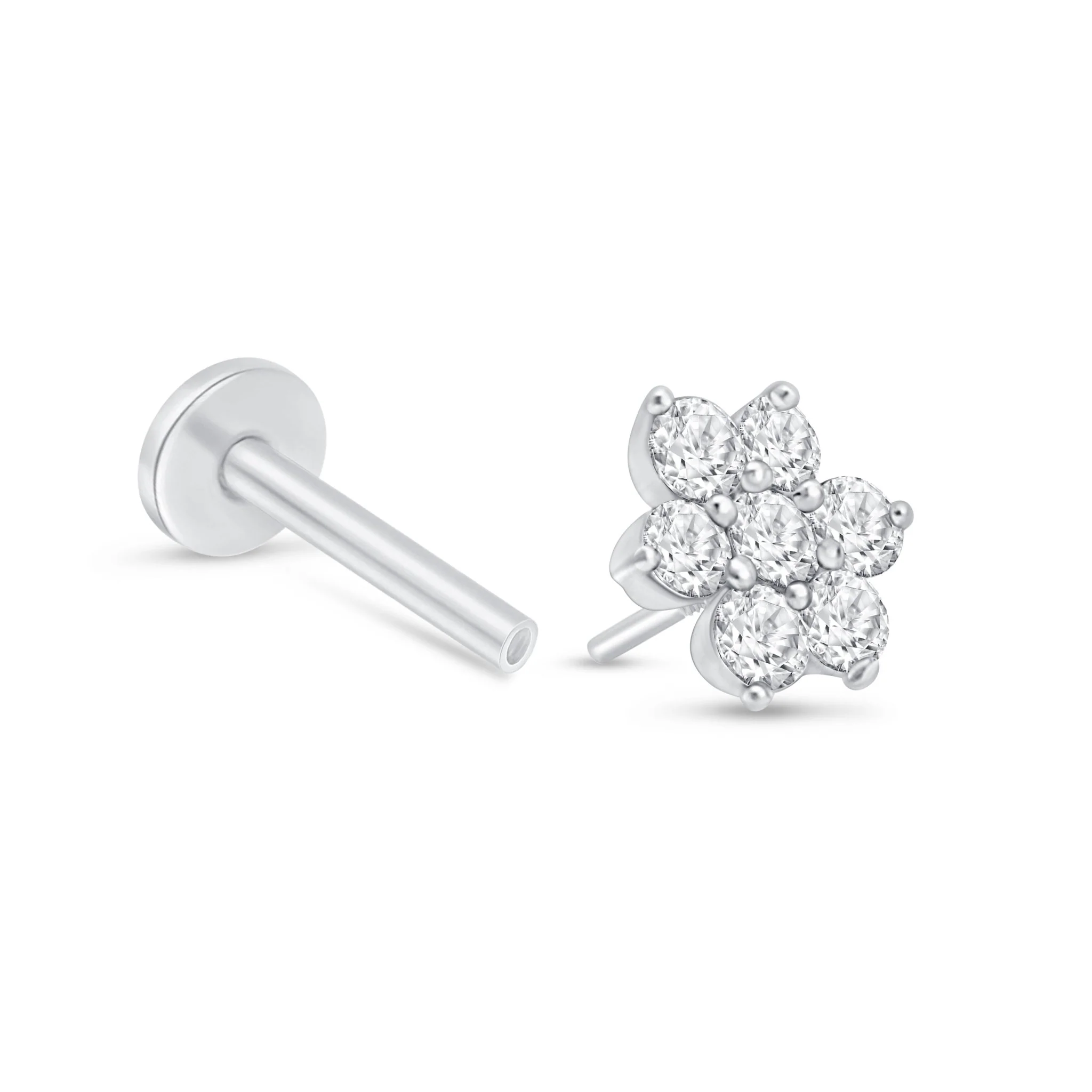 White Gold Seven Diamond Flower Flat Back Earring - Image 14