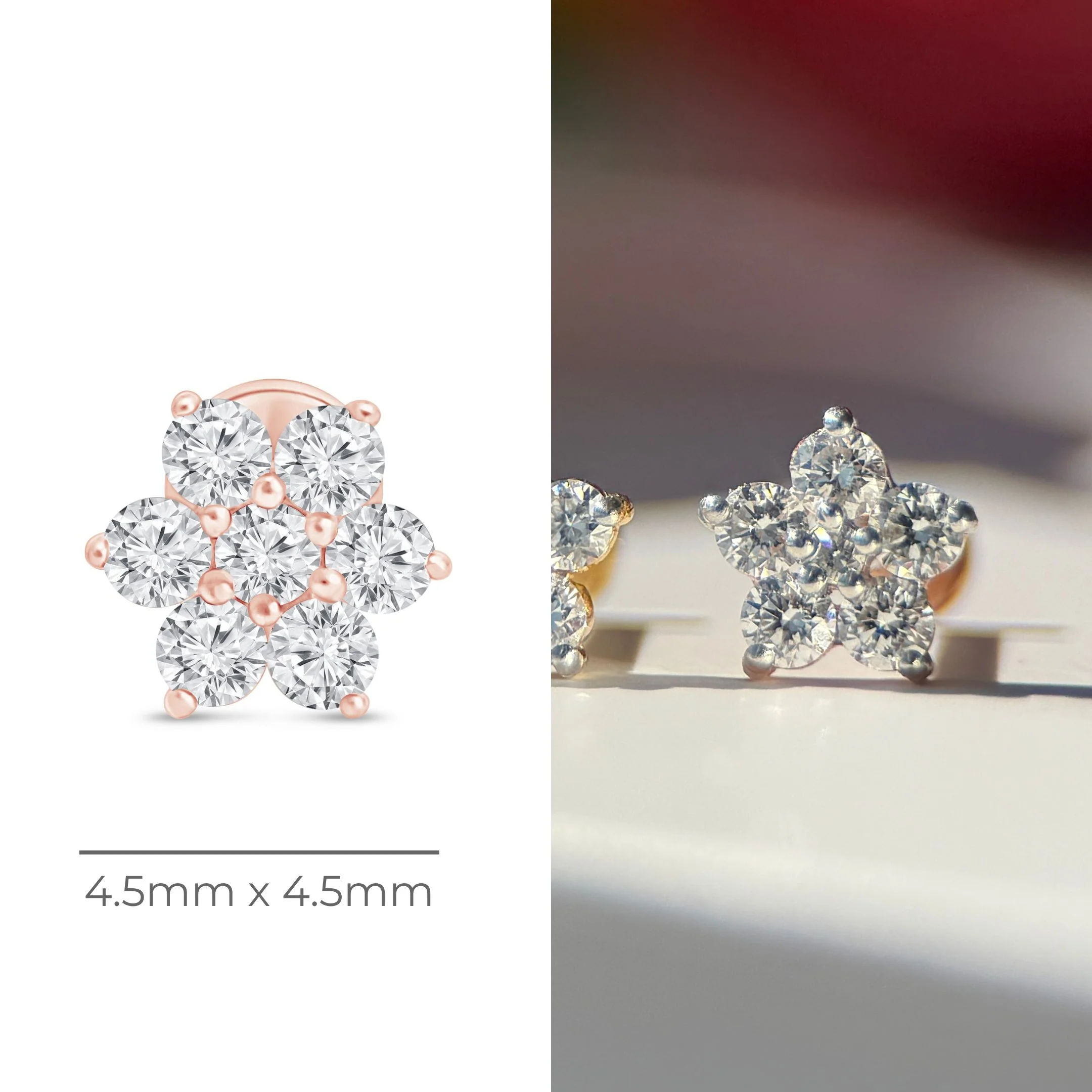 Rose Gold Seven Diamond Flower Flat Back Earring - Image 11
