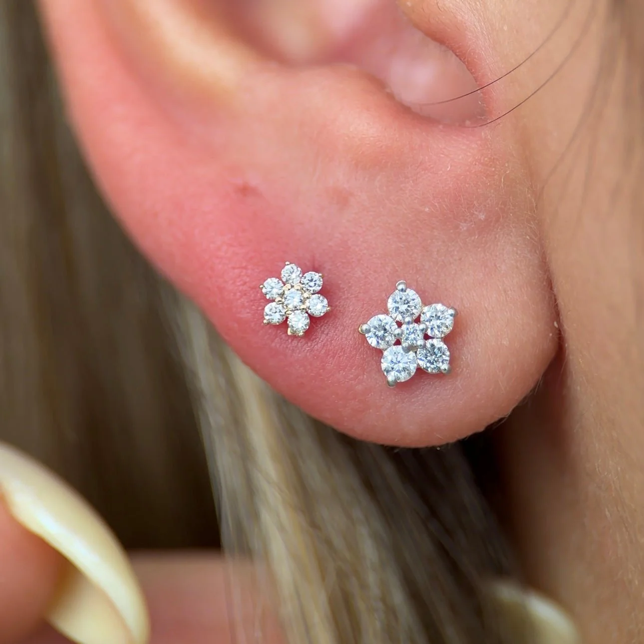 Rose Gold Seven Diamond Flower Flat Back Earring - Image 3