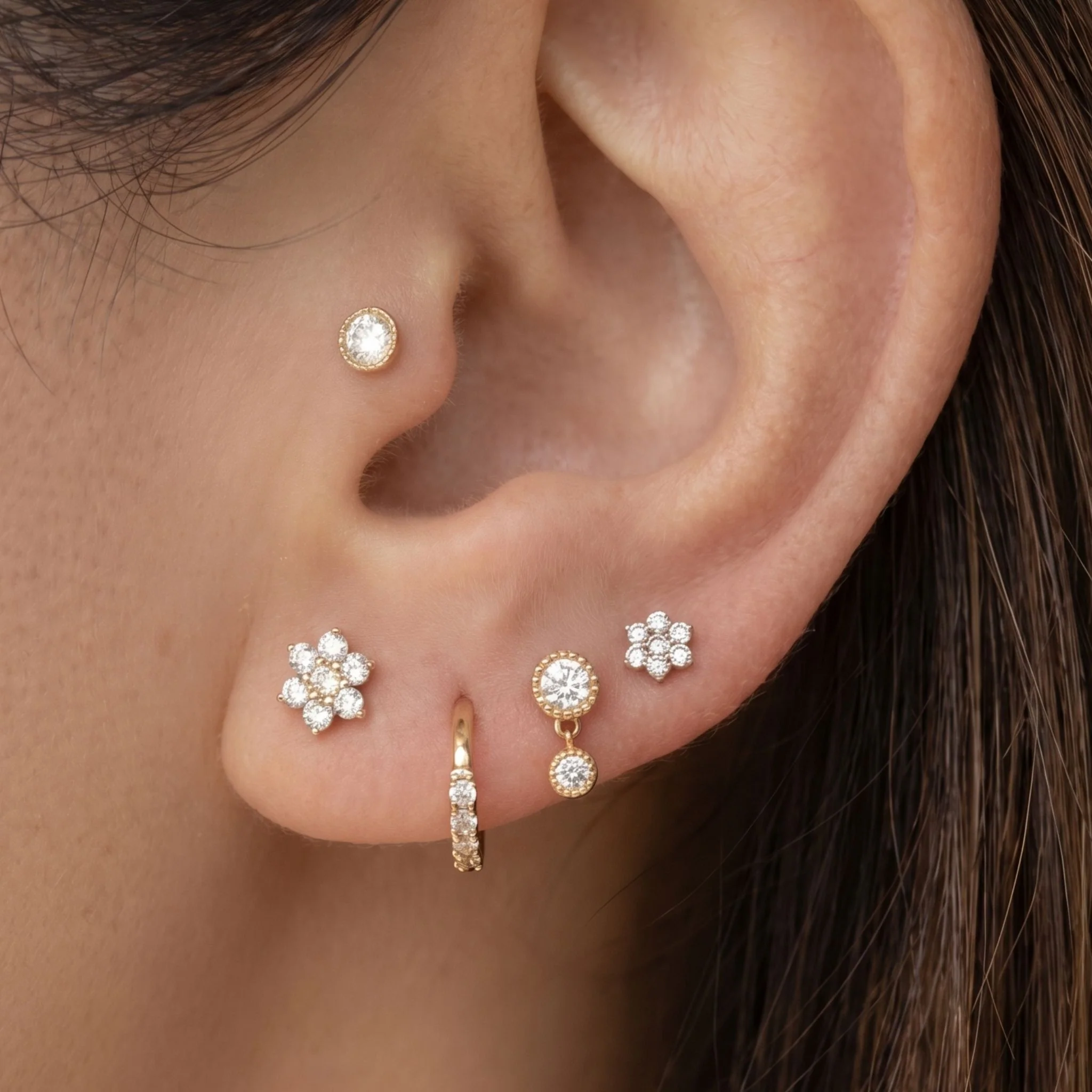 Rose Gold Seven Diamond Flower Flat Back Earring - Image 4