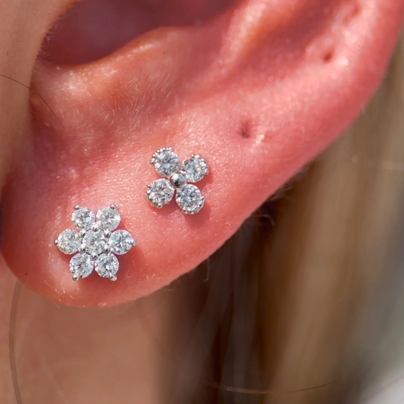 Rose Gold Seven Diamond Flower Flat Back Earring - Image 6