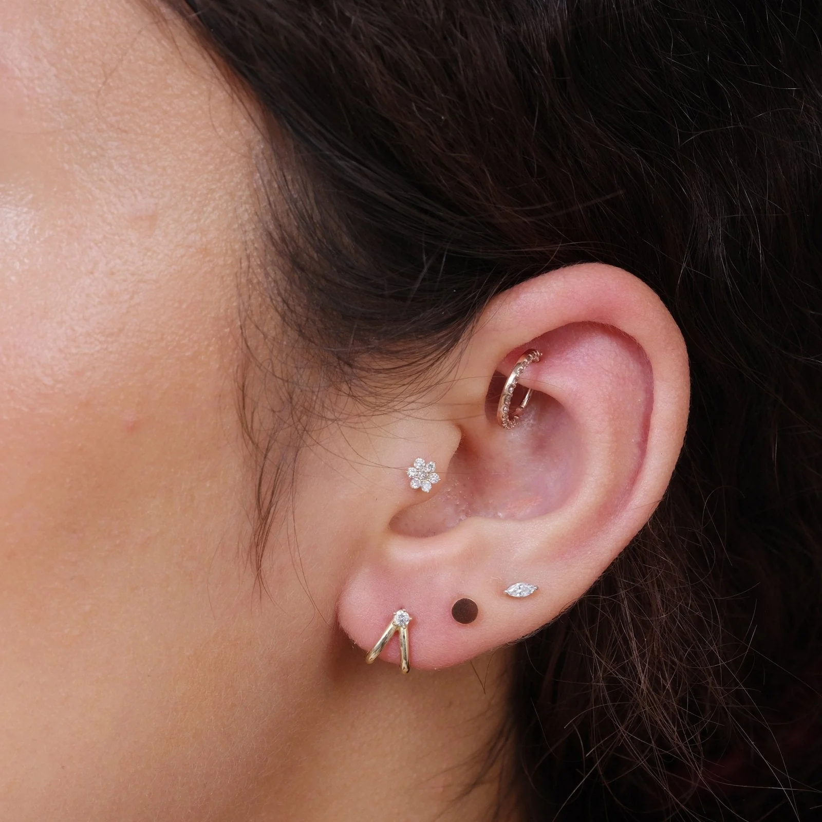 Rose Gold Seven Diamond Flower Flat Back Earring - Image 8