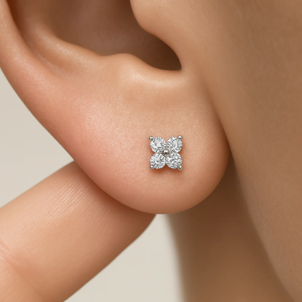 Yellow Gold Diamond Petal Flower Flat Back Earring - Image 2