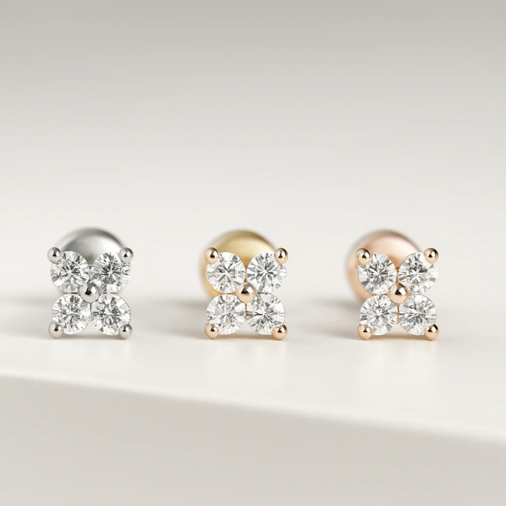 Yellow Gold Diamond Petal Flower Flat Back Earring - Image 3