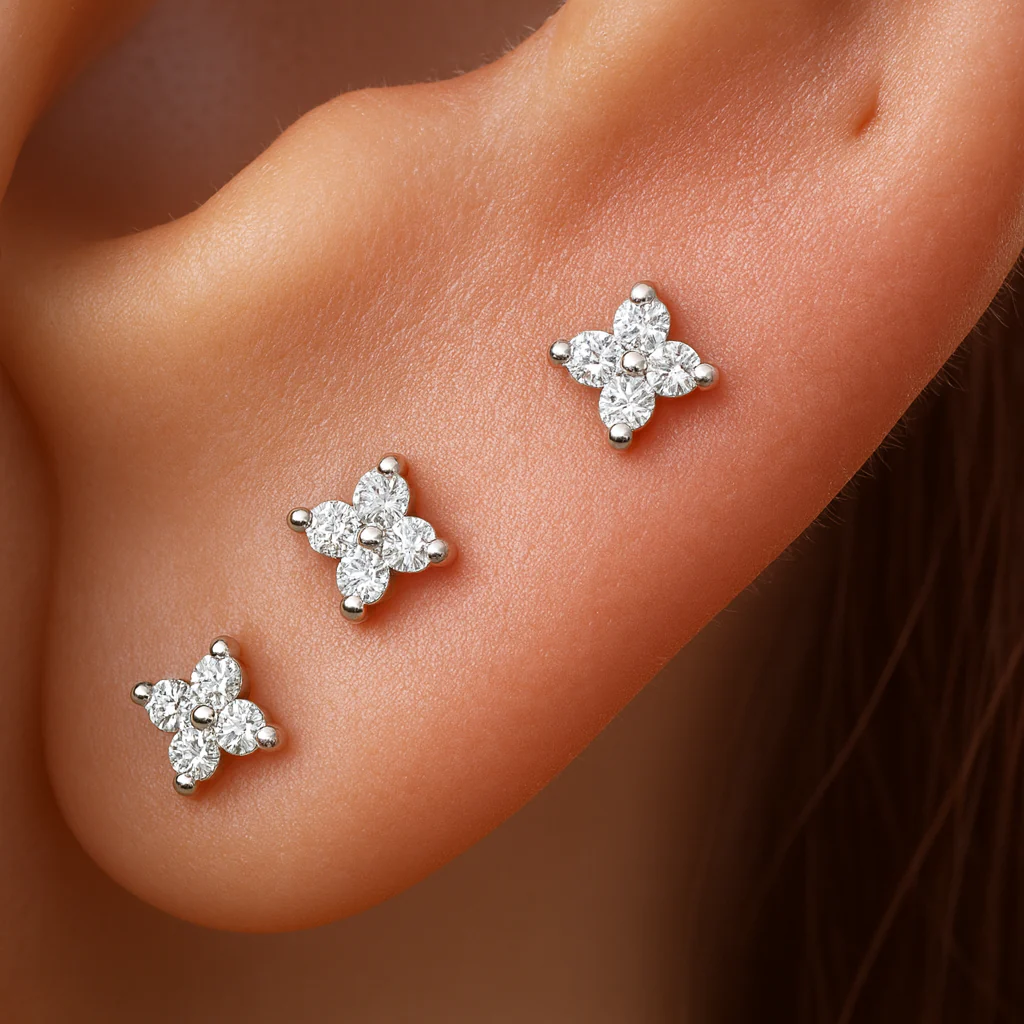 White Gold Diamond Four Petal Flower Flat Back Earring - Image 7