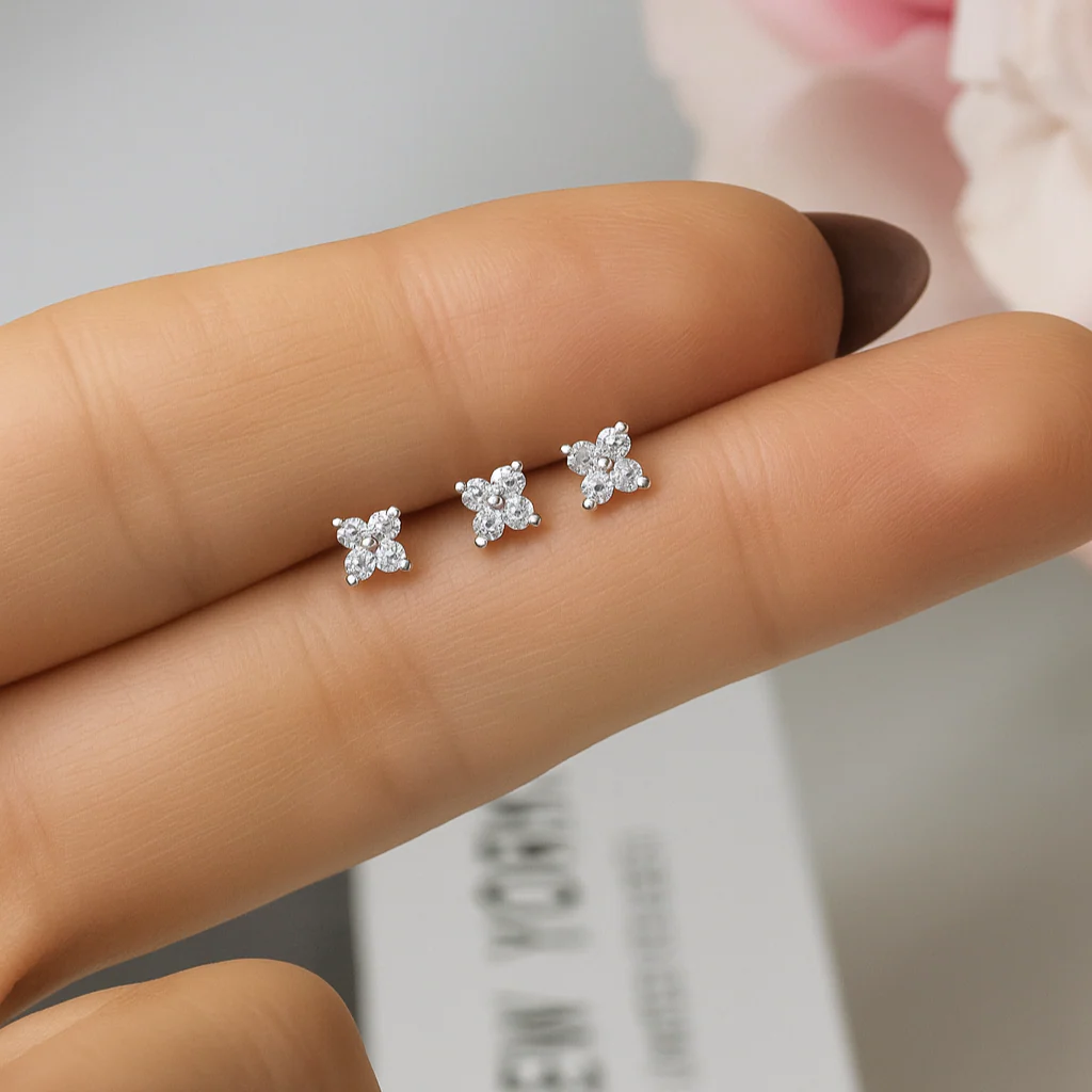 White Gold Diamond Four Petal Flower Flat Back Earring - Image 9