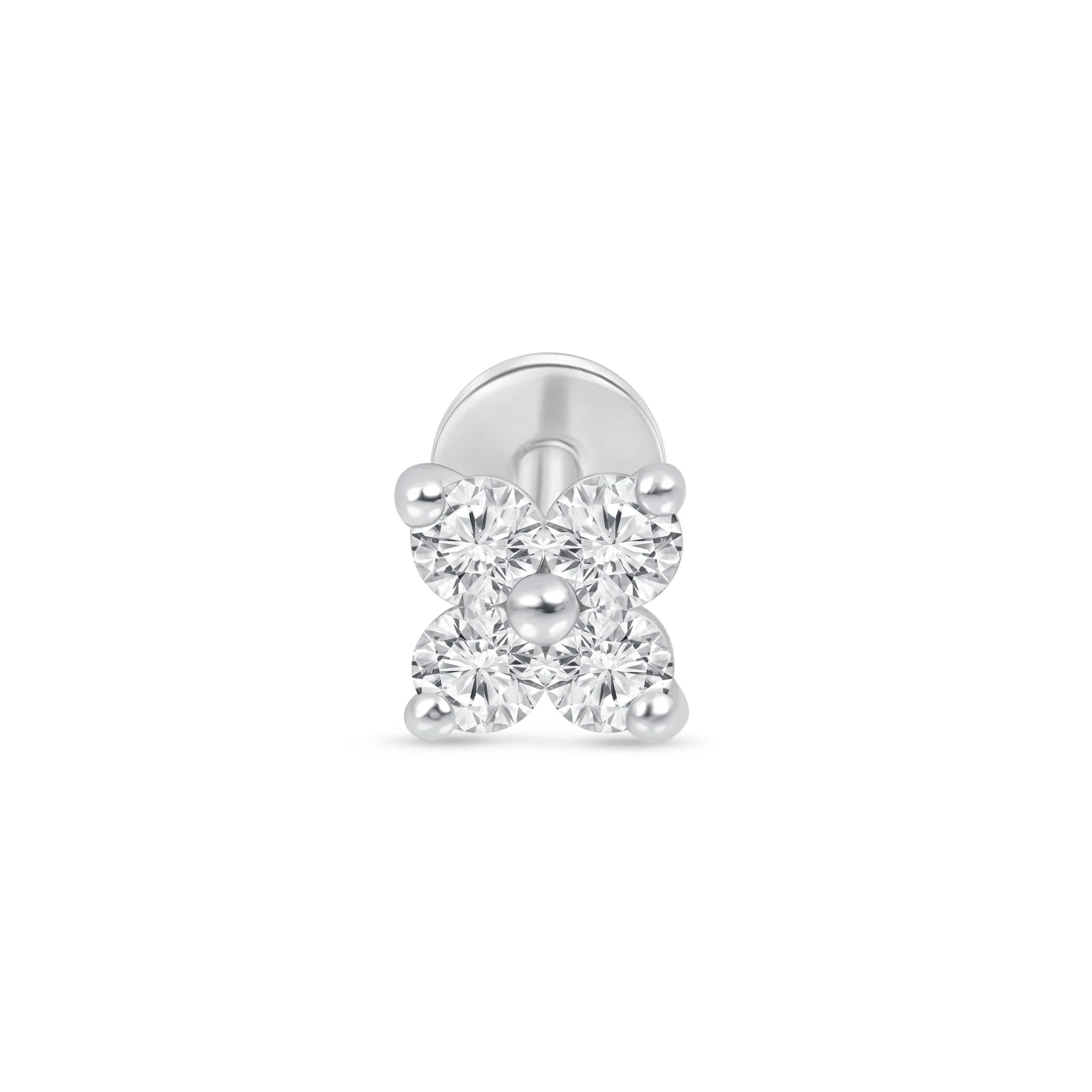 White Gold Diamond Four Petal Flower Flat Back Earring