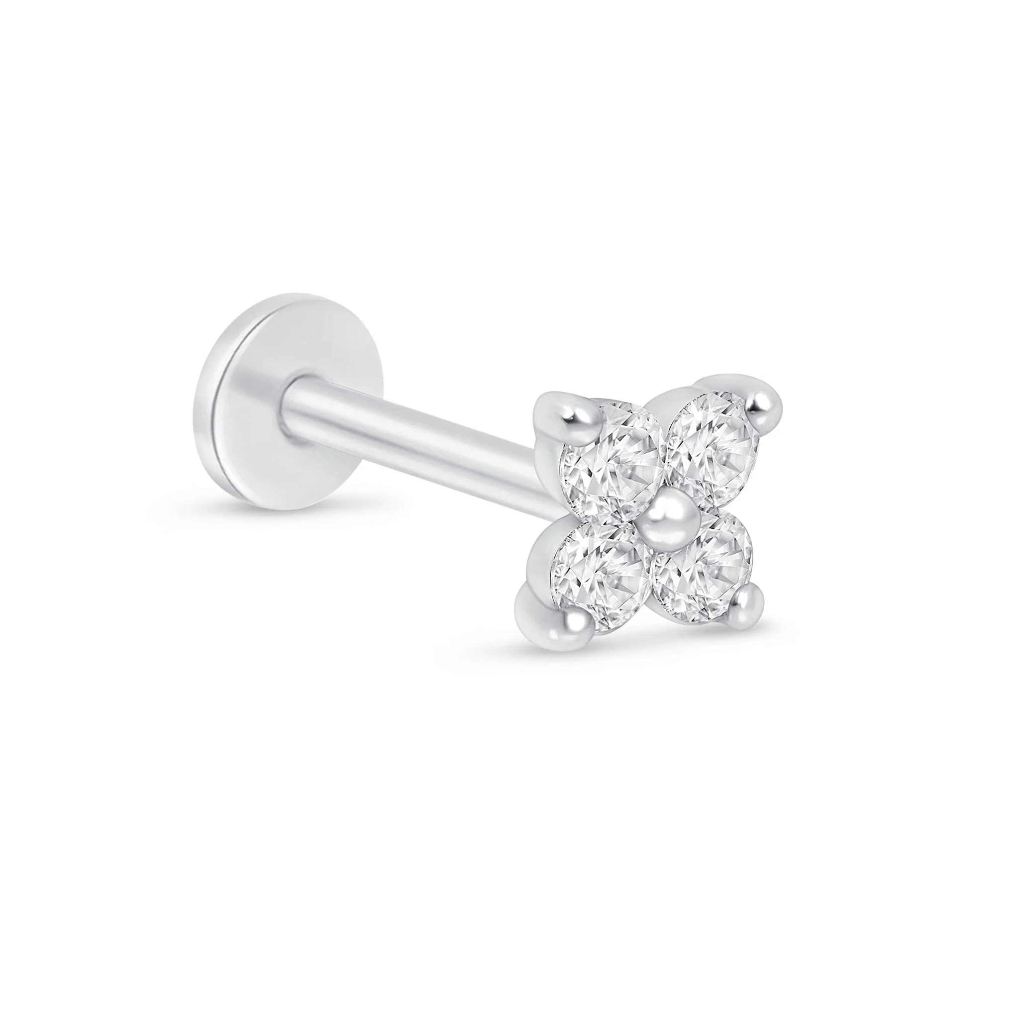 White Gold Diamond Four Petal Flower Flat Back Earring - Image 10