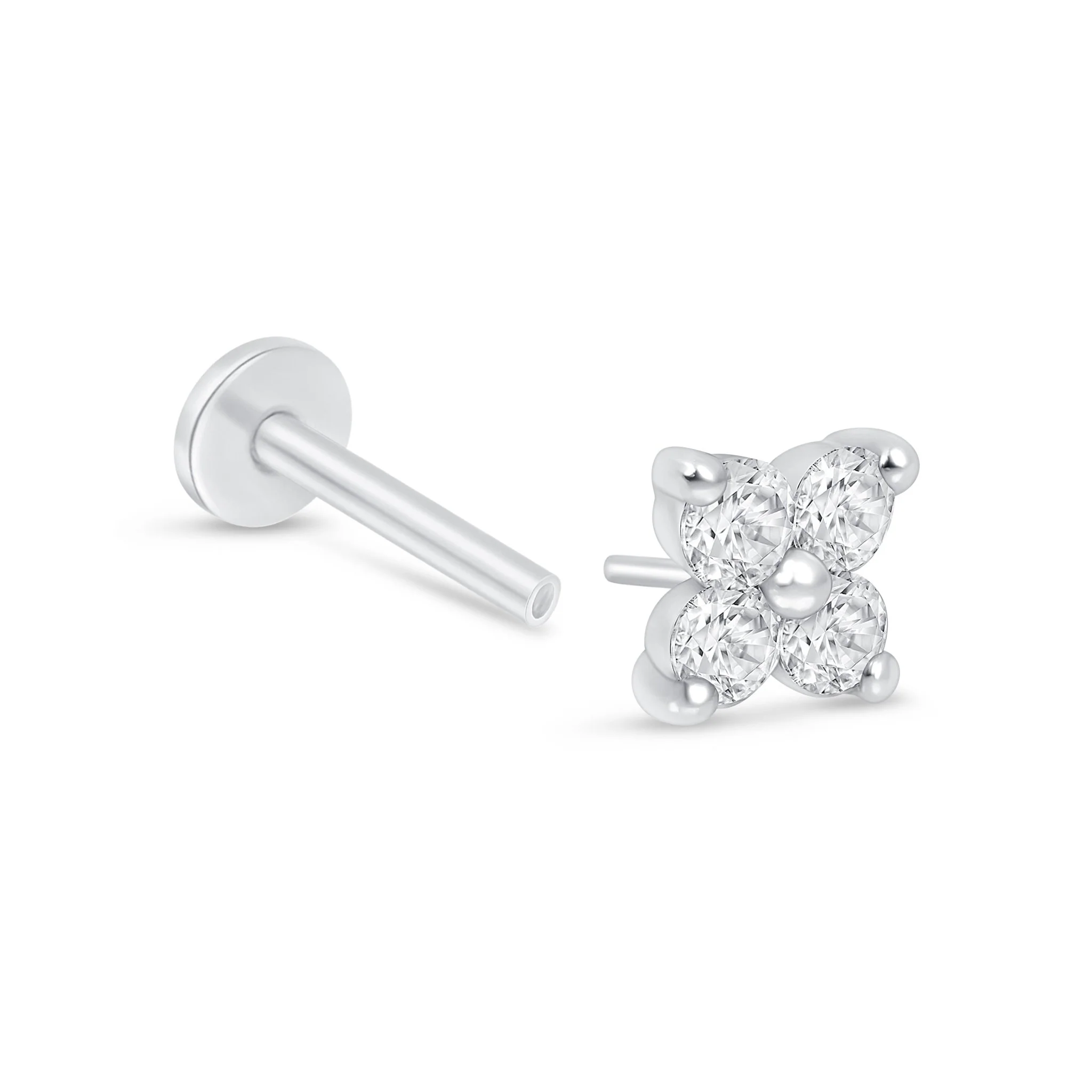 White Gold Diamond Four Petal Flower Flat Back Earring - Image 11
