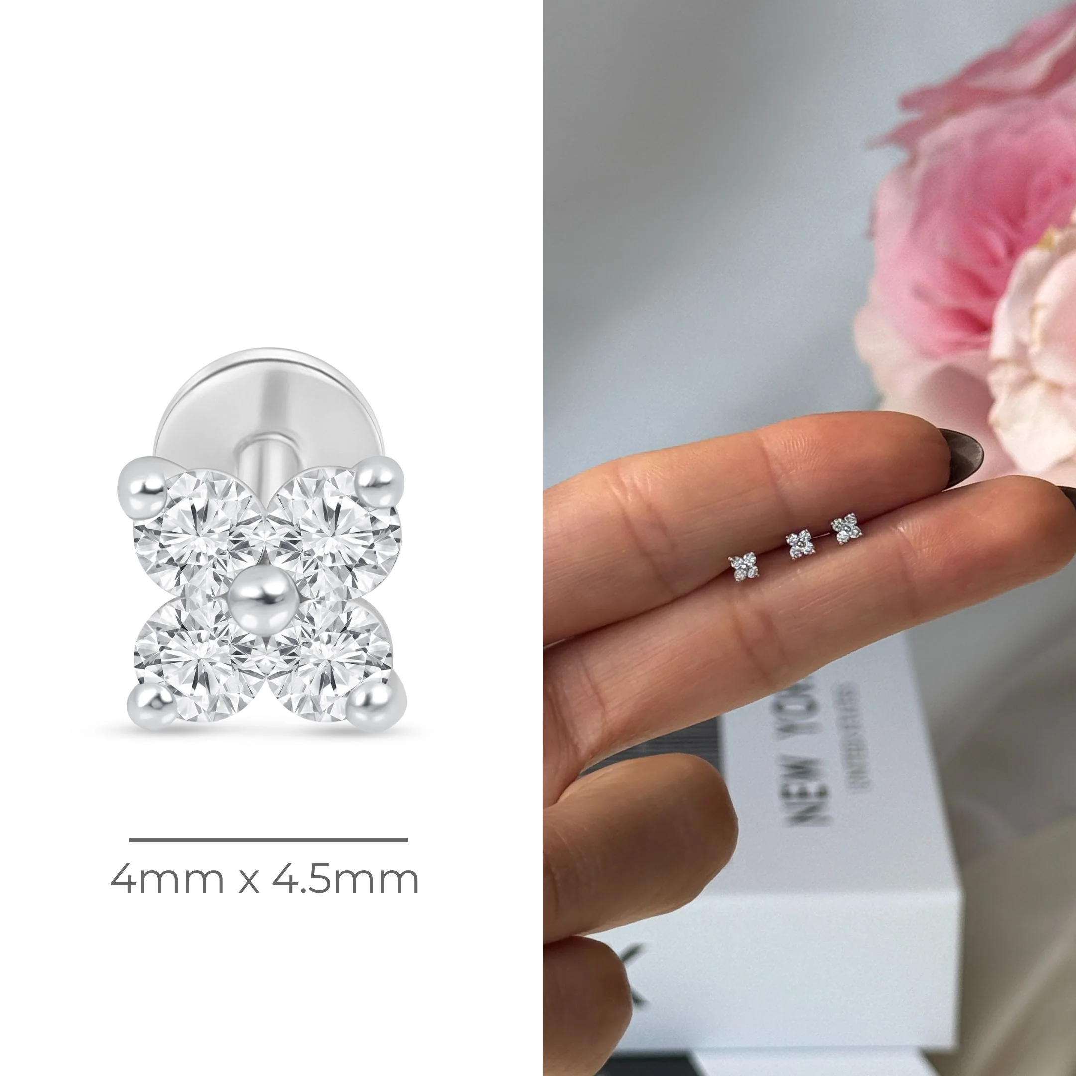 White Gold Diamond Four Petal Flower Flat Back Earring - Image 12