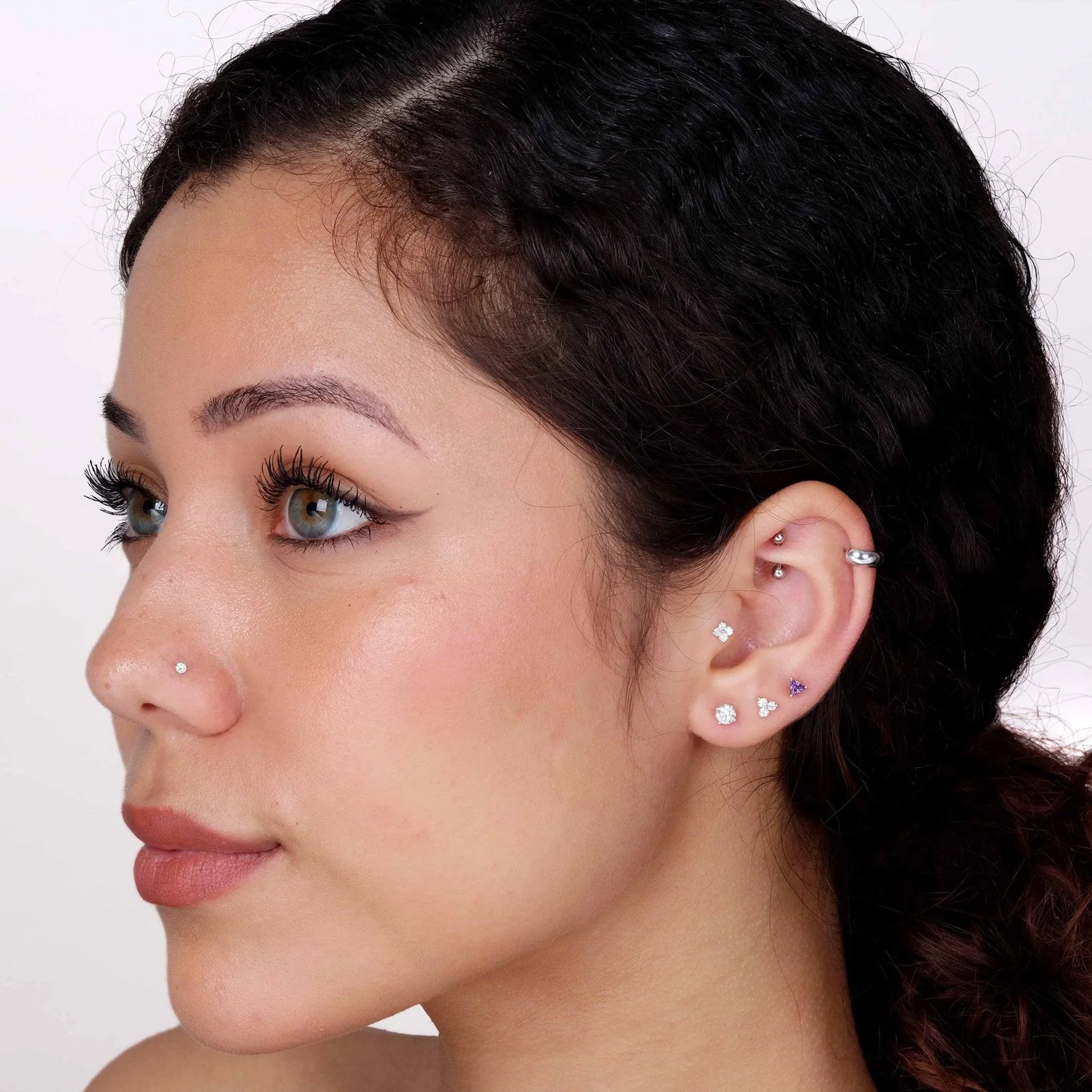 White Gold Diamond Four Petal Flower Flat Back Earring - Image 8