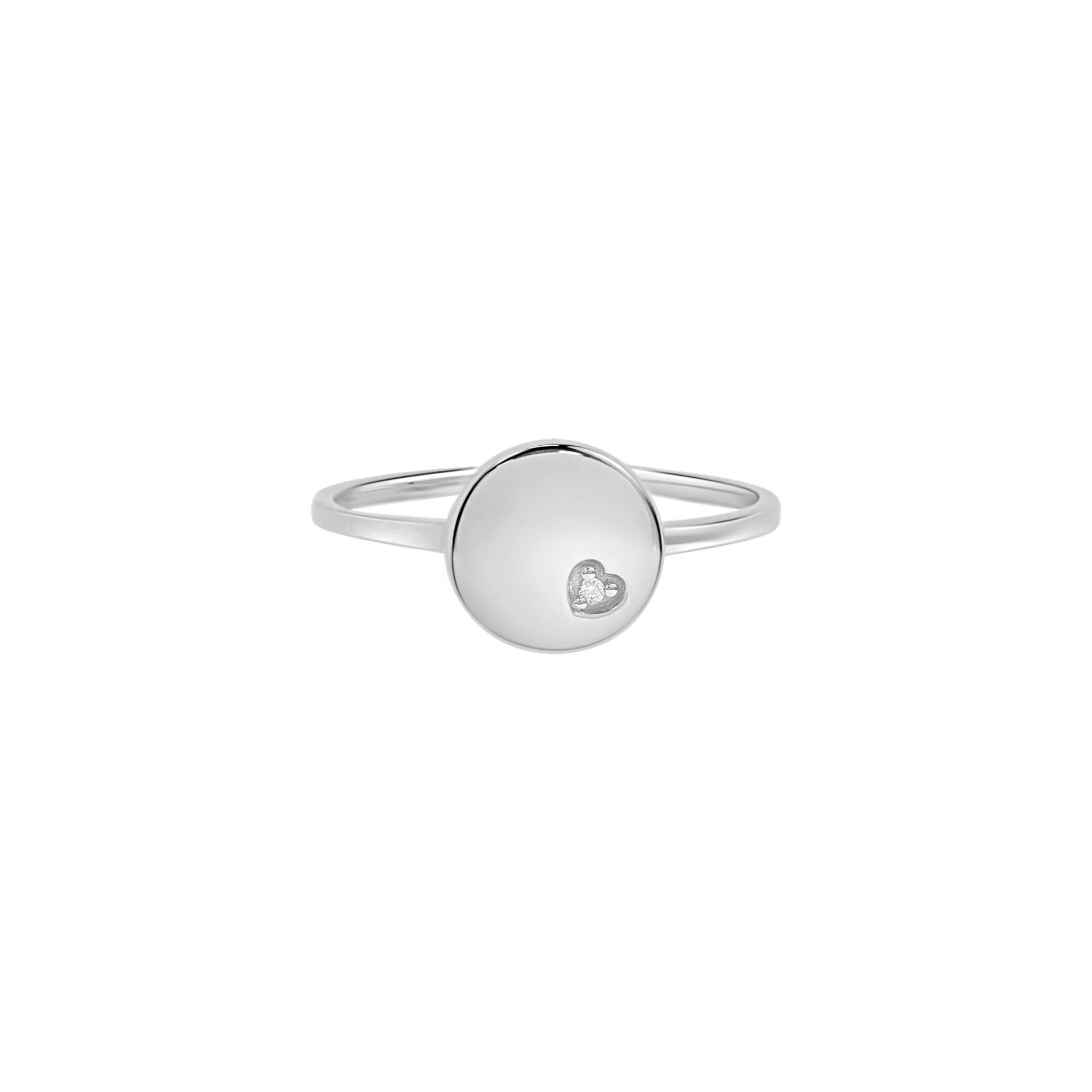 Diamond Heart Disc Signet Ring in Solid 14k White Gold