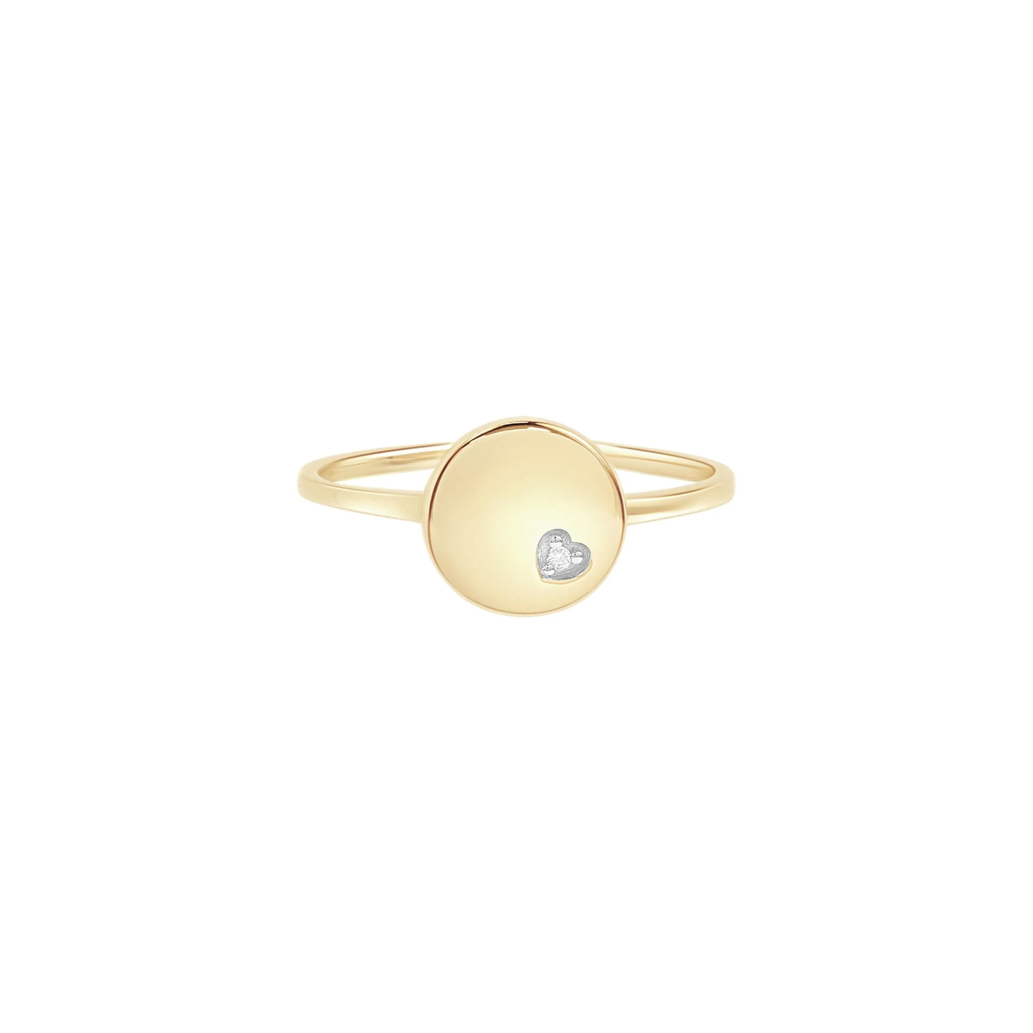 Diamond Heart Disc Signet Ring in Solid 14k Yellow Gold