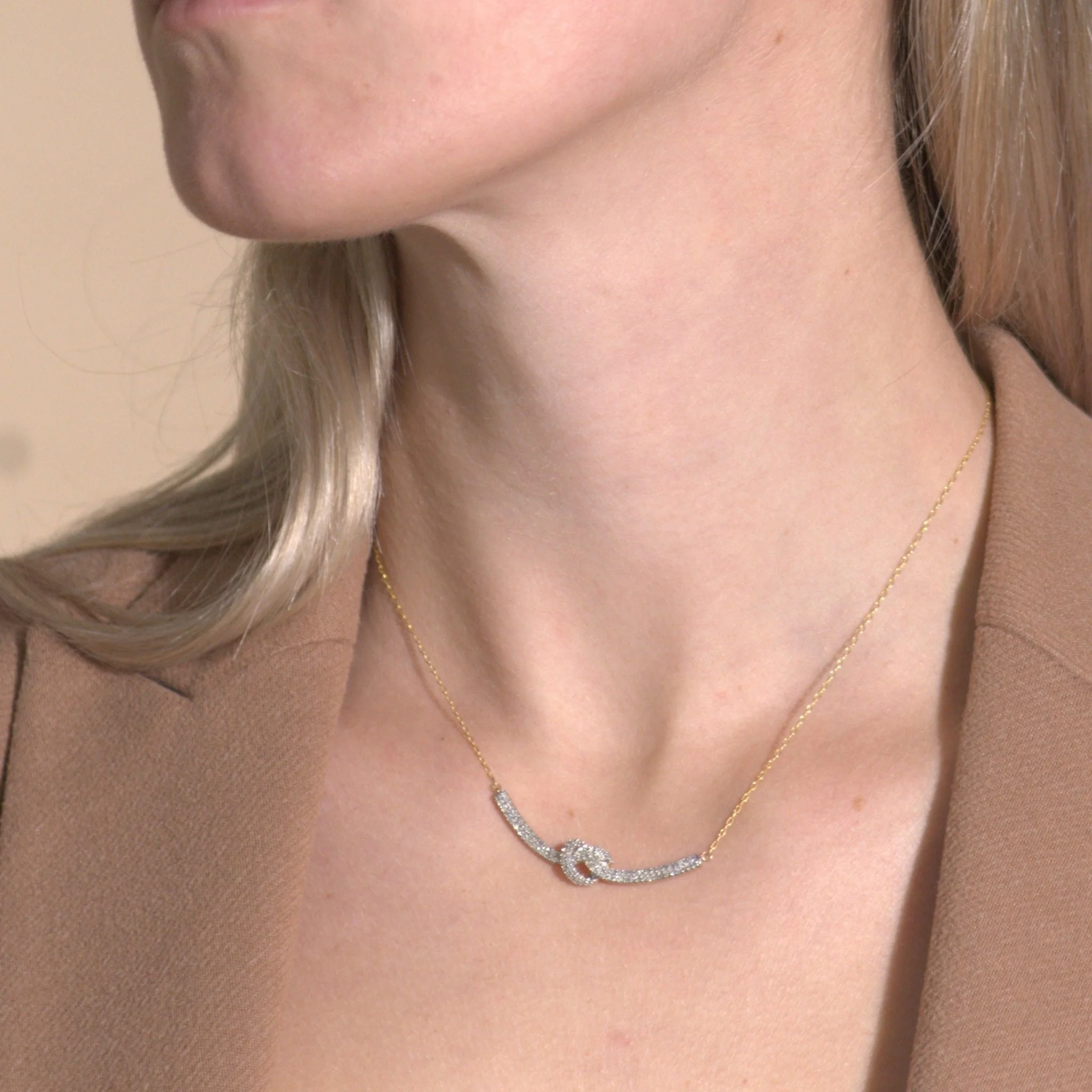 Yellow Gold Heart Knot Diamond Bar Necklace - Image 3