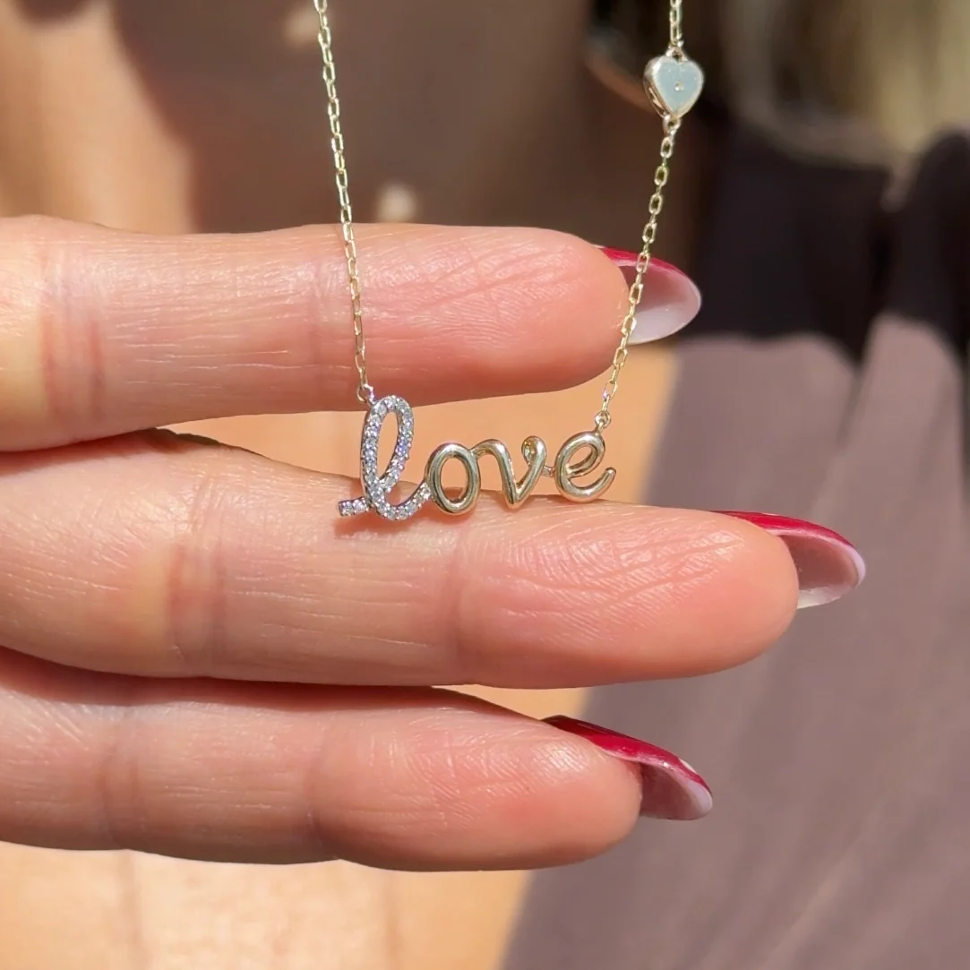 Yellow Gold Pavé Diamond LOVE Heart Necklace - Image 6