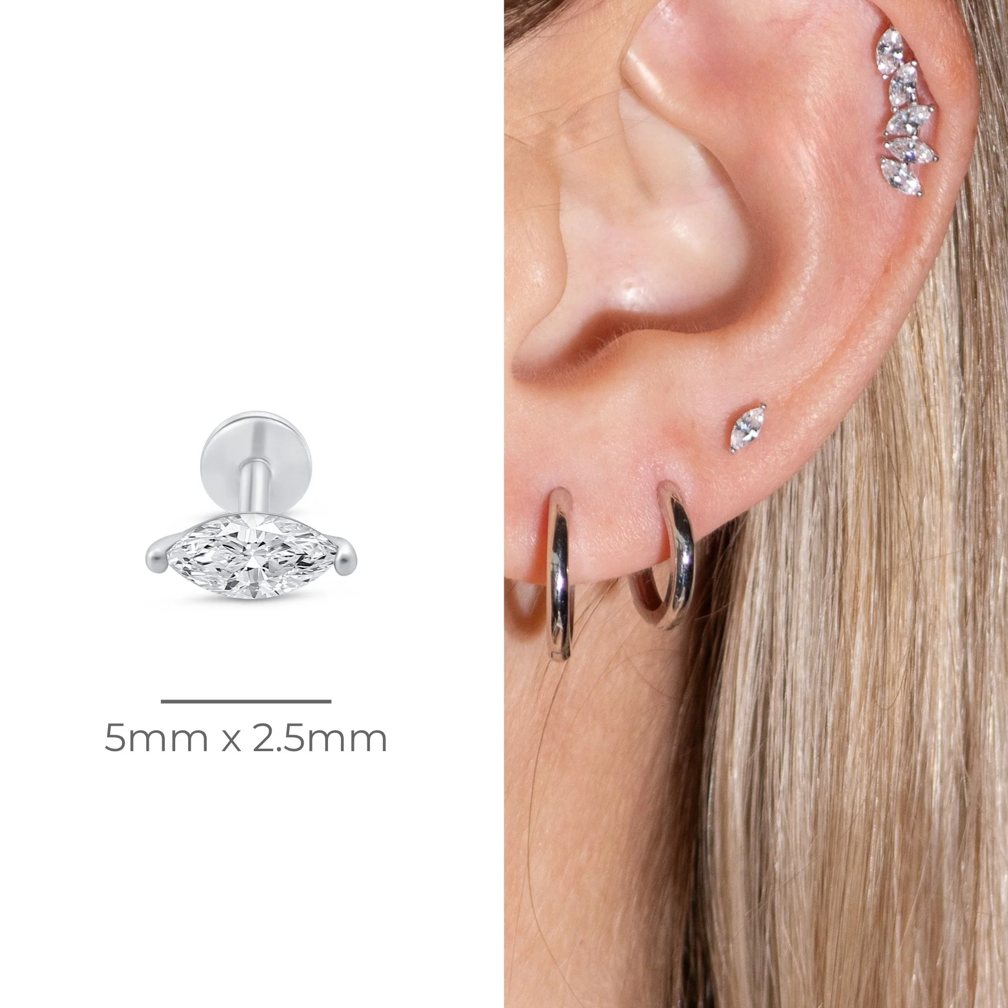 White Gold Diamond Marquise Flat Back Earring - Image 5