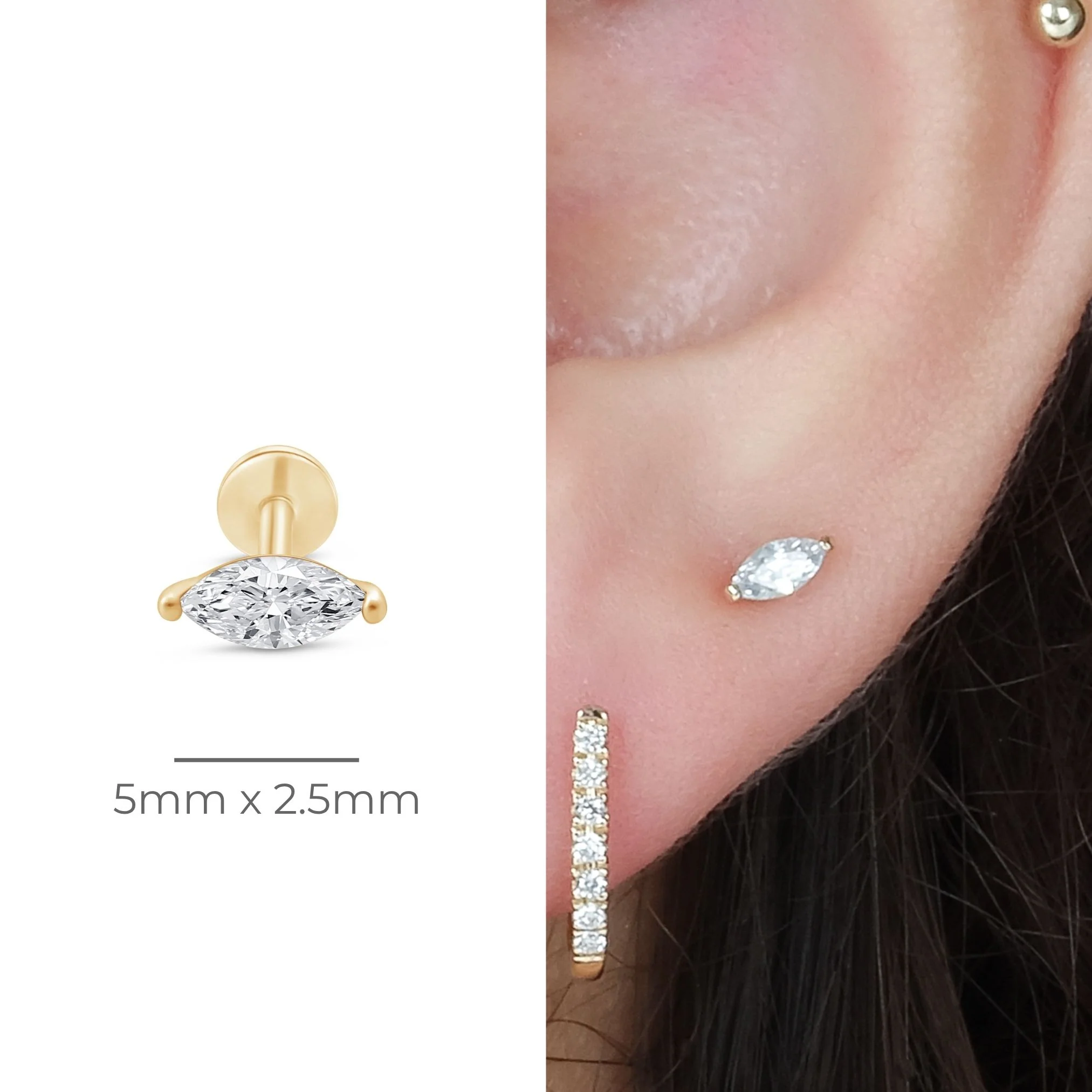 Yellow Gold Diamond Marquise Flat Back Earring - Image 8