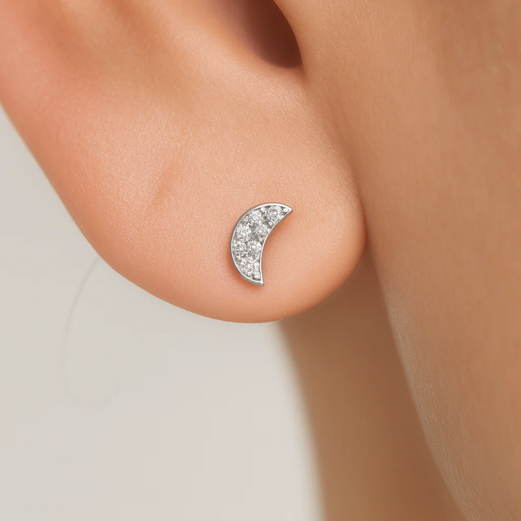 White Gold Diamond Moon Flat Back Earring - Image 5