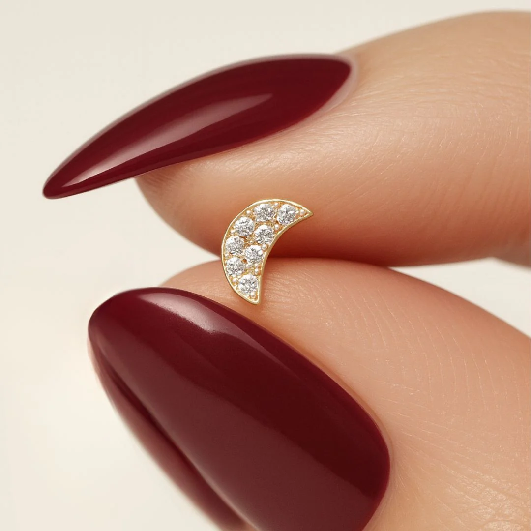 Yellow Gold Diamond Moon Flat Back Earring - Image 2