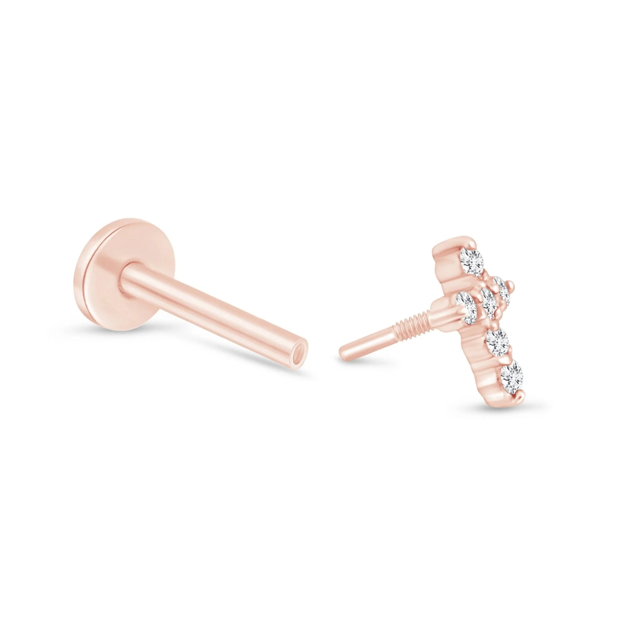 Rose Gold Diamond Cross Flat Back Earring - Image 11