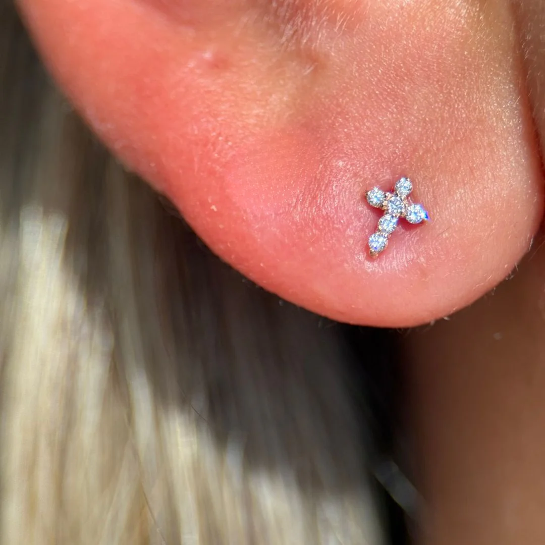 Rose Gold Diamond Cross Flat Back Earring - Image 4