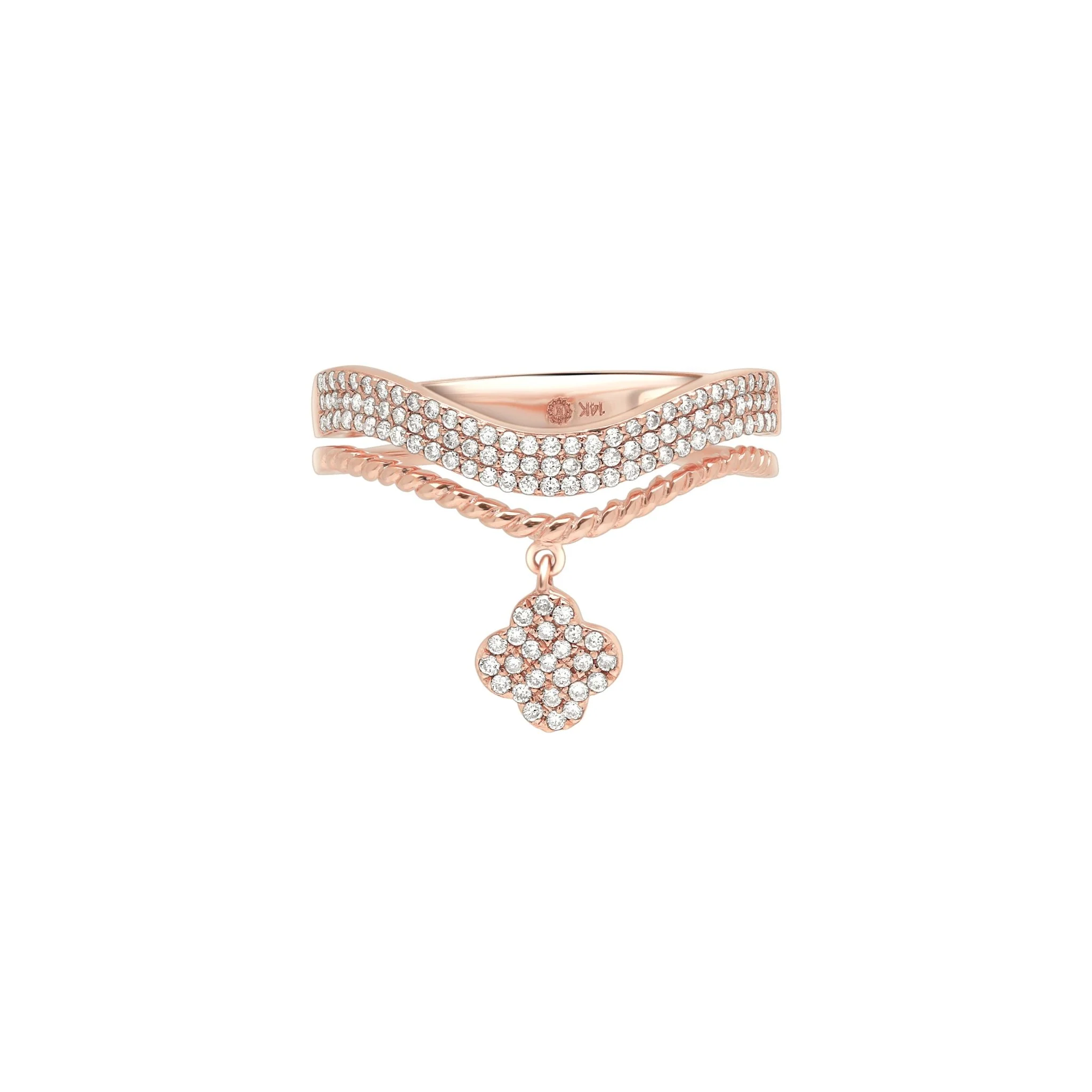 Diamond Studded Clover Drop Cable Ring in Solid 14k Rose Gold