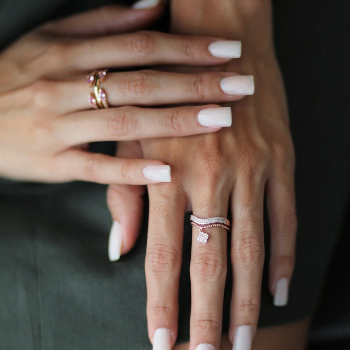 Diamond Studded Clover Drop Cable Ring in Solid 14k Rose Gold - Image 2