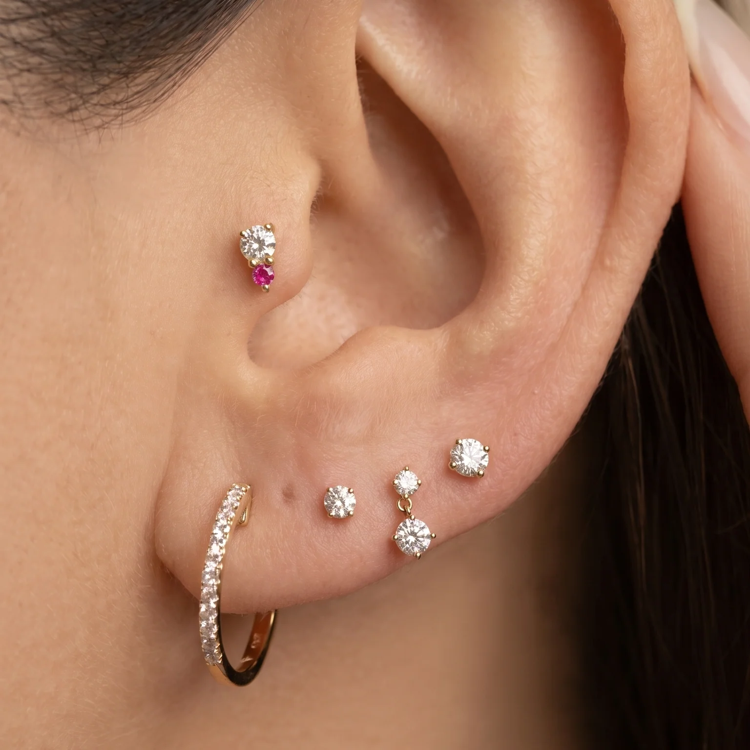 Yellow Gold Diamond Ruby Flat Back Earring - Image 3