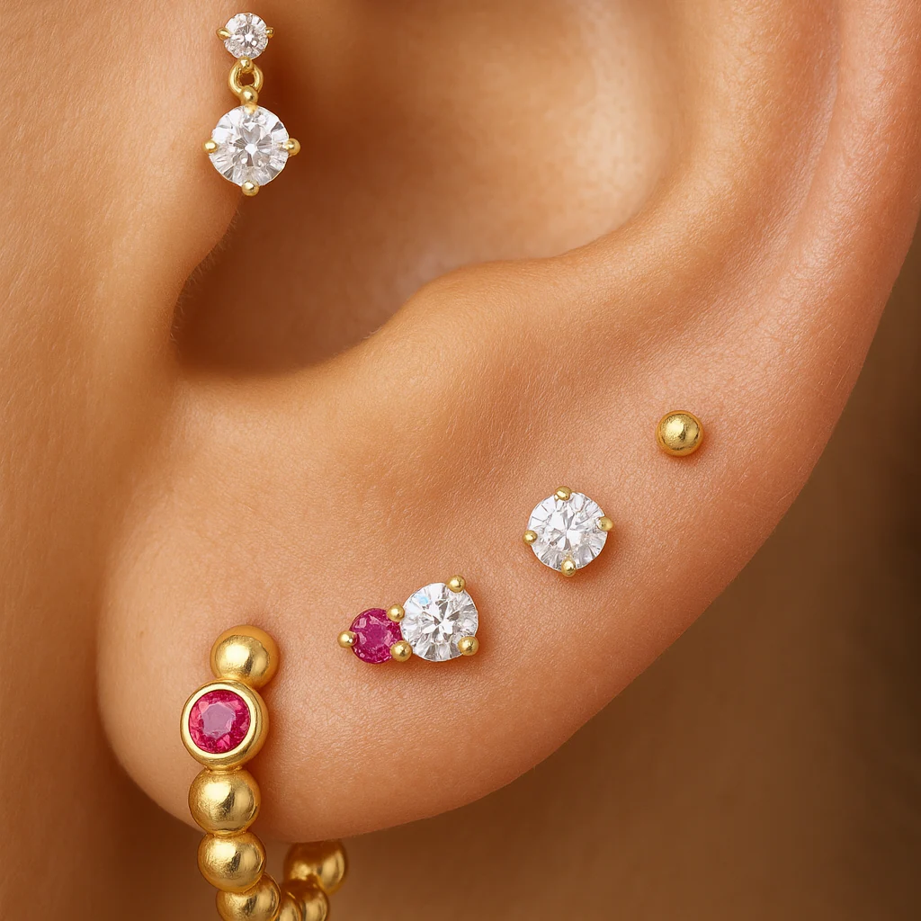 Yellow Gold Diamond Ruby Flat Back Earring - Image 5