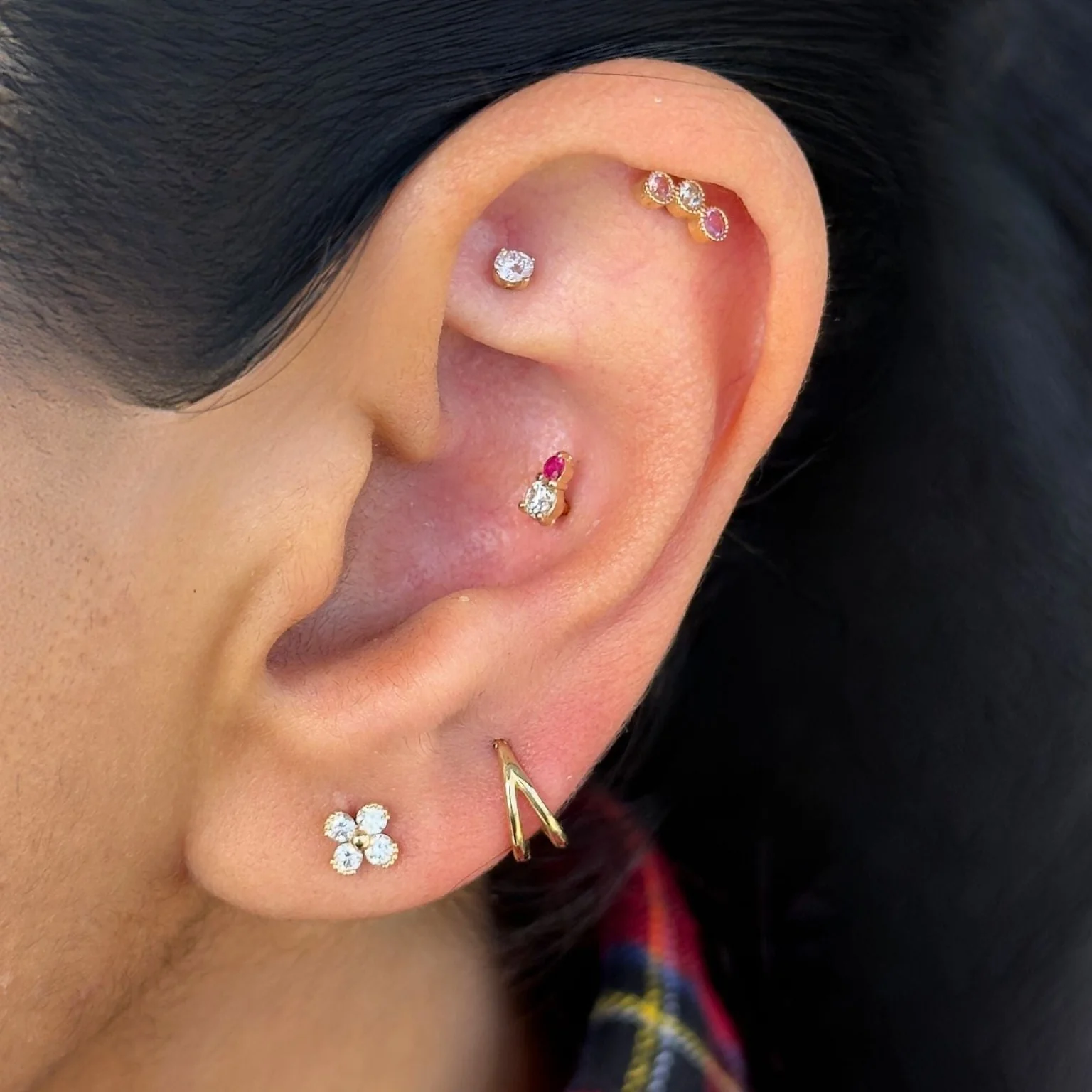 Yellow Gold Diamond Ruby Flat Back Earring - Image 7