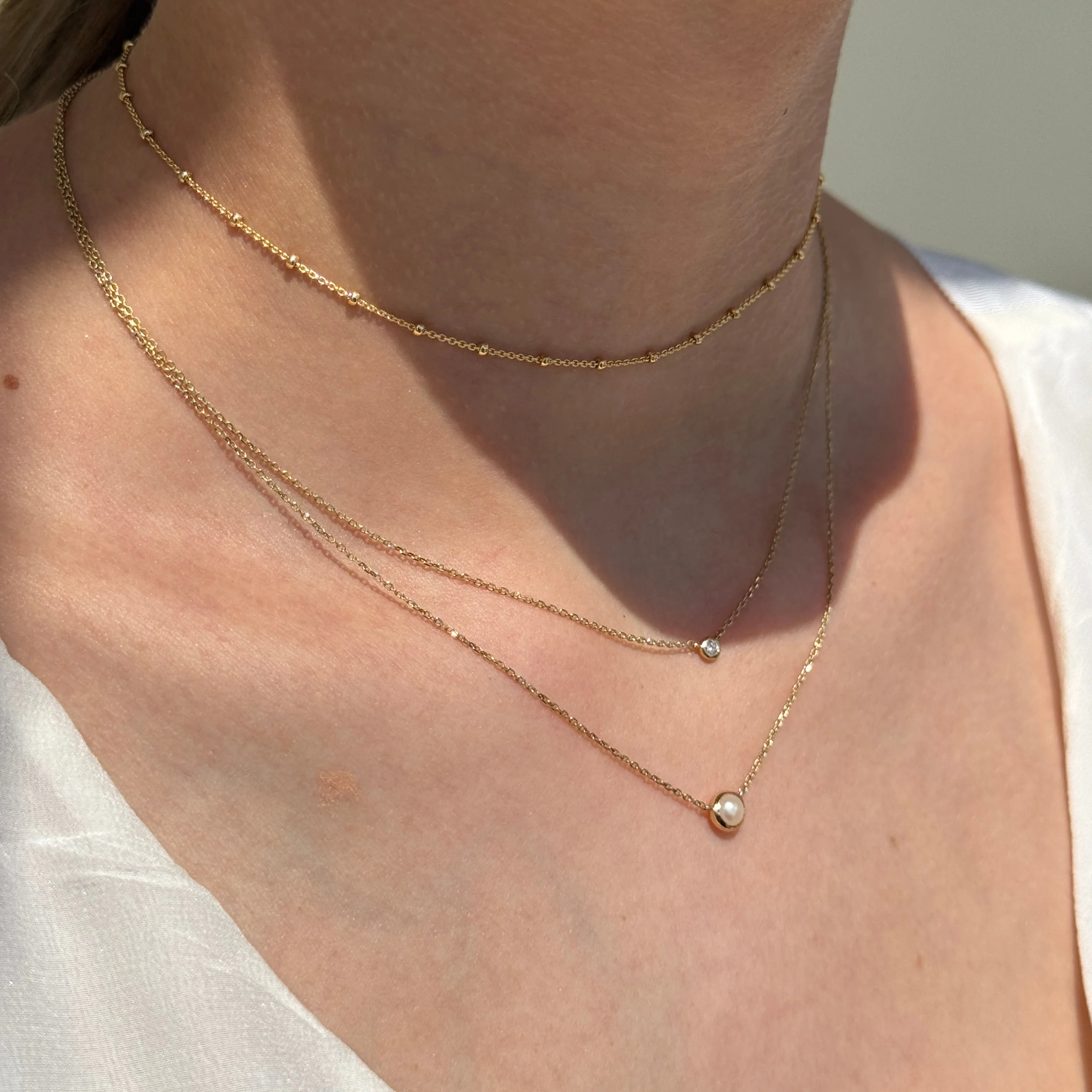 Yellow Gold Freshwater Pearl Bezel Station Necklace - Image 7