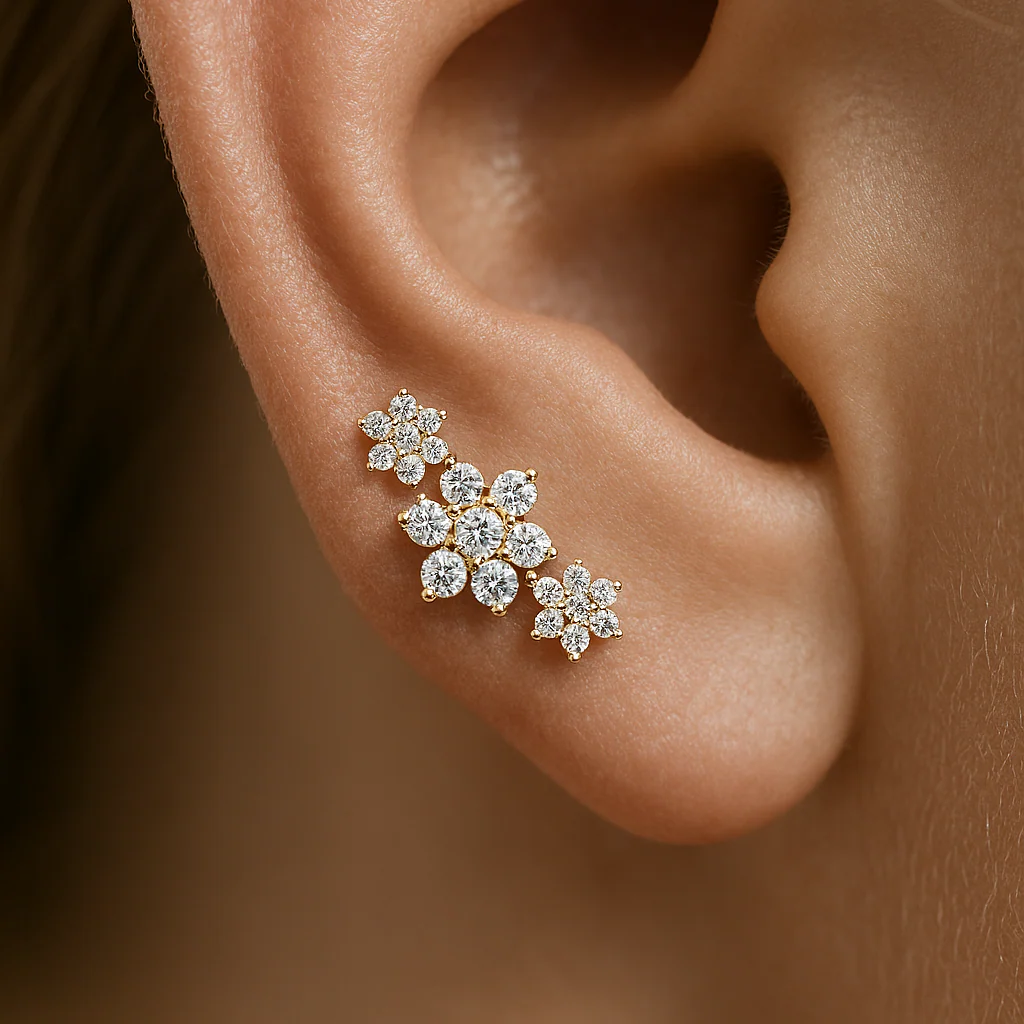 Yellow Gold Diamond Flower Garland Flat Back Earring - Image 2